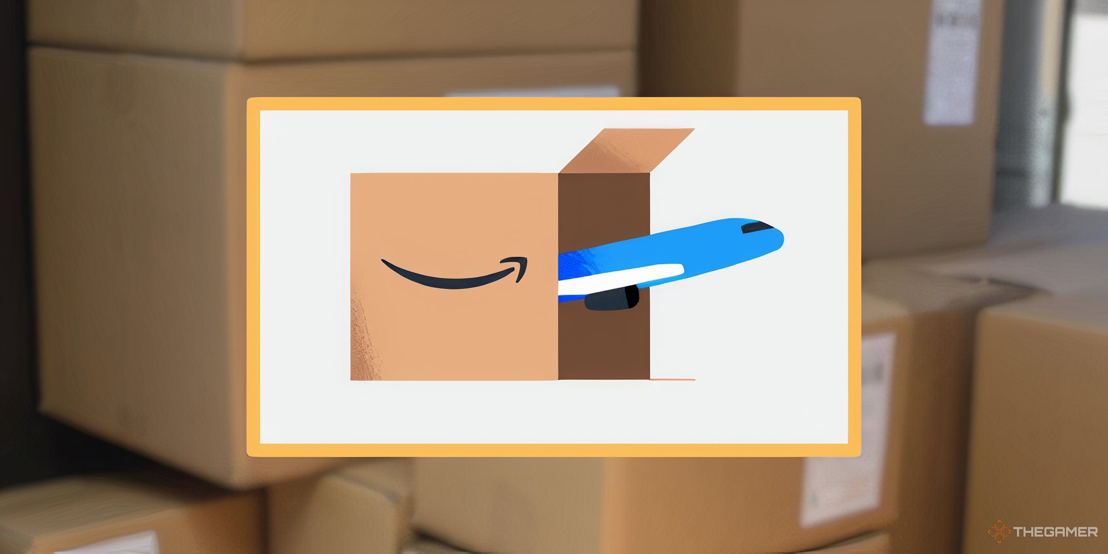 The plane logo from Amazon Prime in a frame over a blurred photo of shipping boxes.