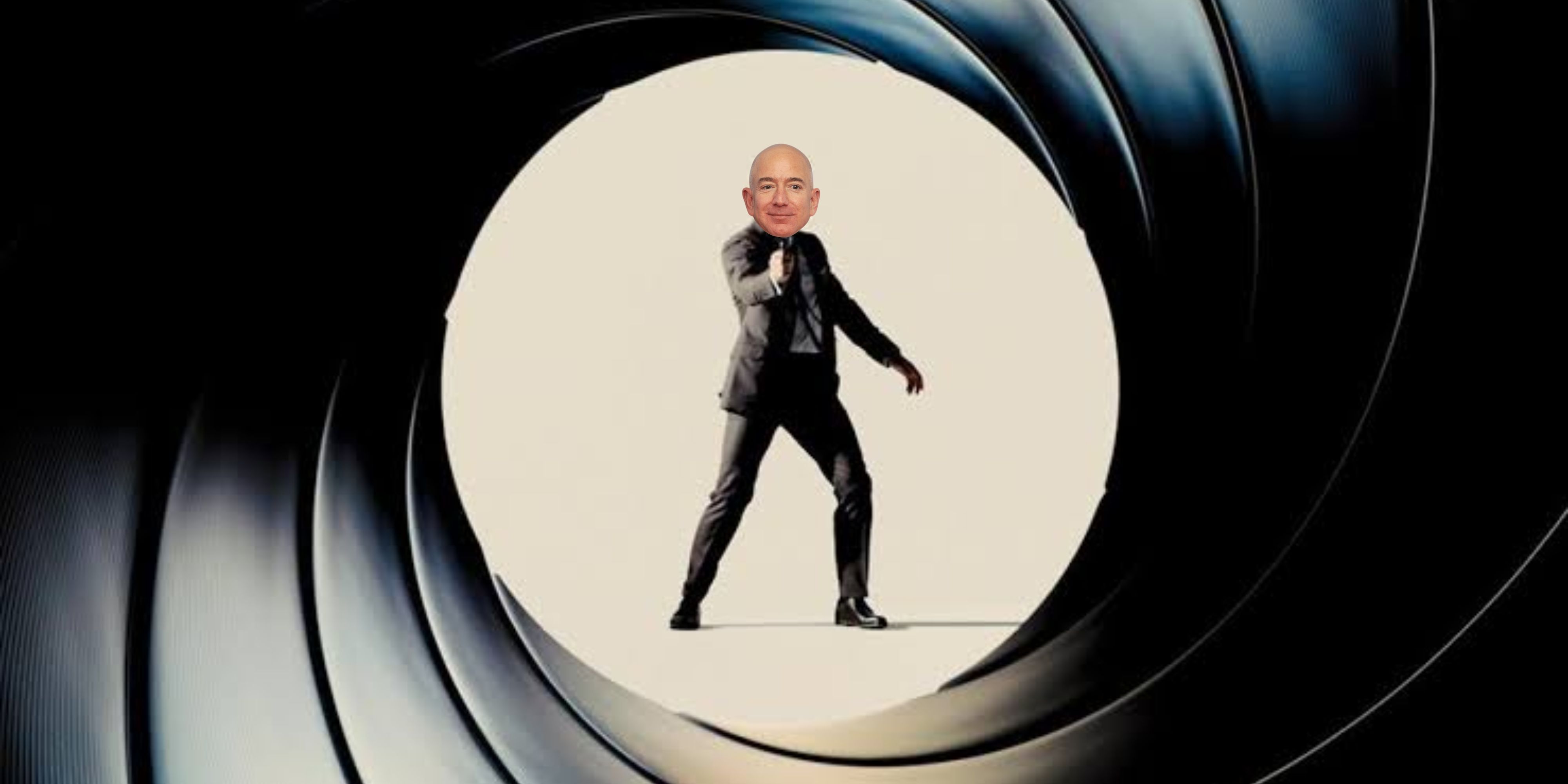 Bond looking down the gun barrel with Jeff Bezos as James Bond