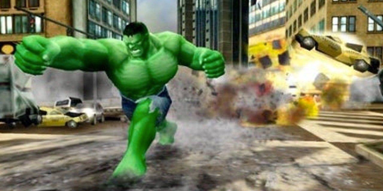 An image of The Hulk destroying cars in his path from  The Incredible Hulk: Ultimate Destruction.