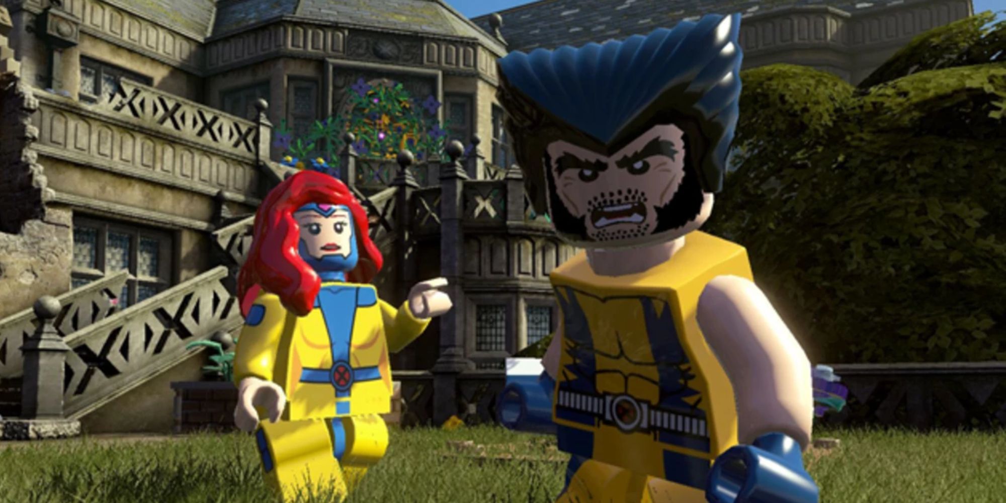 Screenshot of Jean Grey and Wolverine from Lego Marvel Super Heroes, standing in front of Xavier's School for Gifted Youngsters.