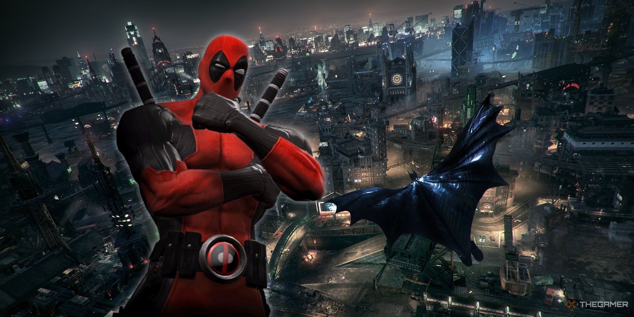 Best Xbox Superhero Games Featured Image of Deadpool looking at Batman who's gliding through Gotham City