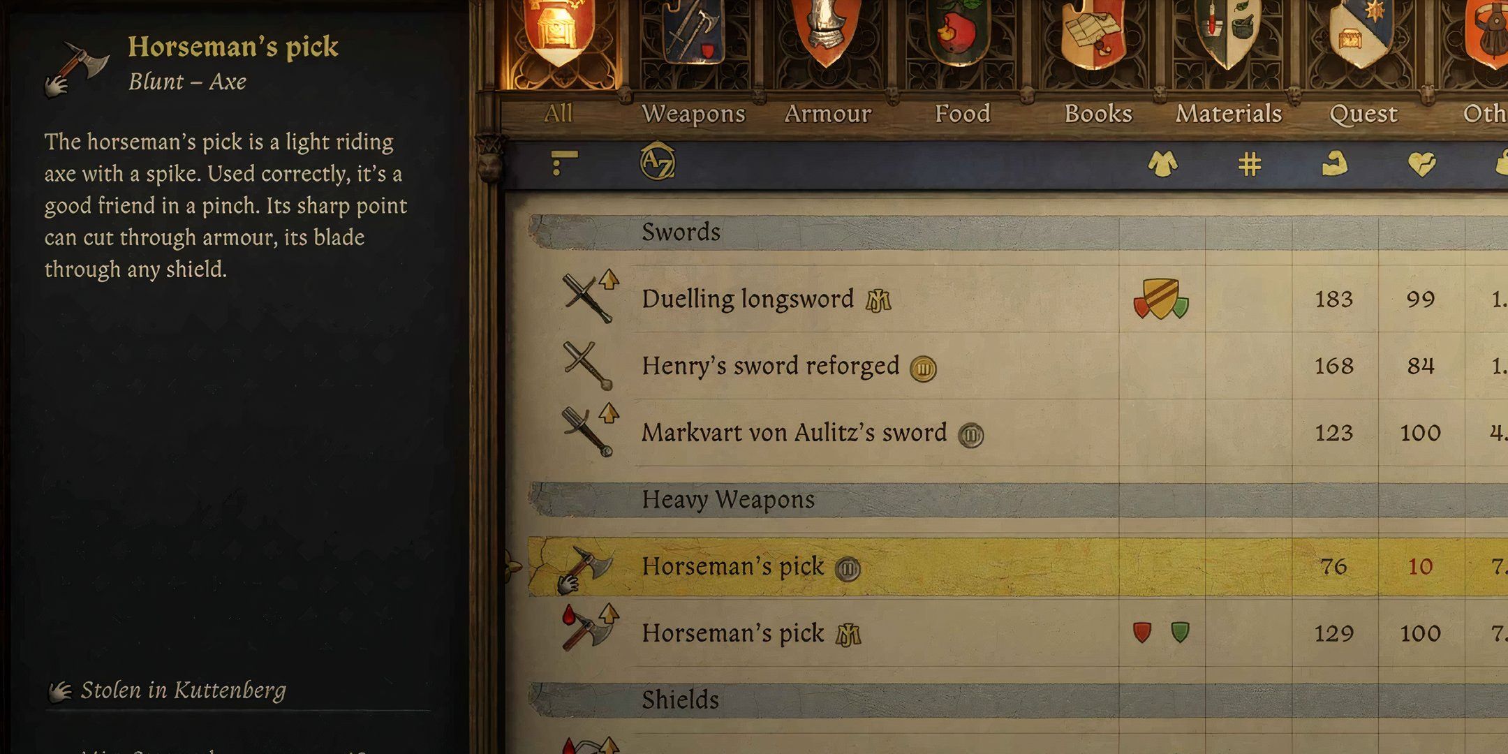 Horseman's pick with the stolen item status in the inventory.