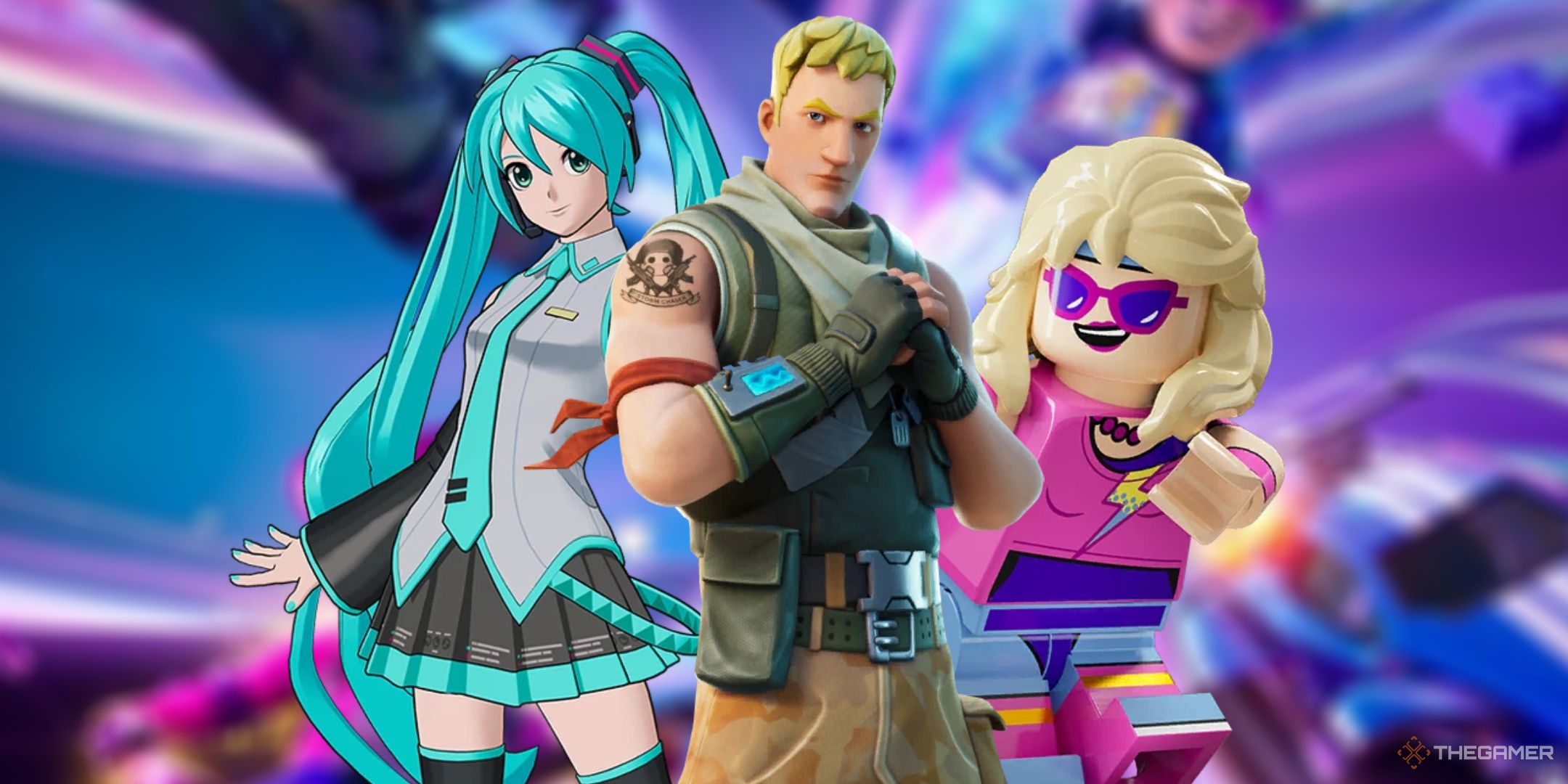 A collage of characters from Fortnite such as Hatsune Miku and Jonesy.