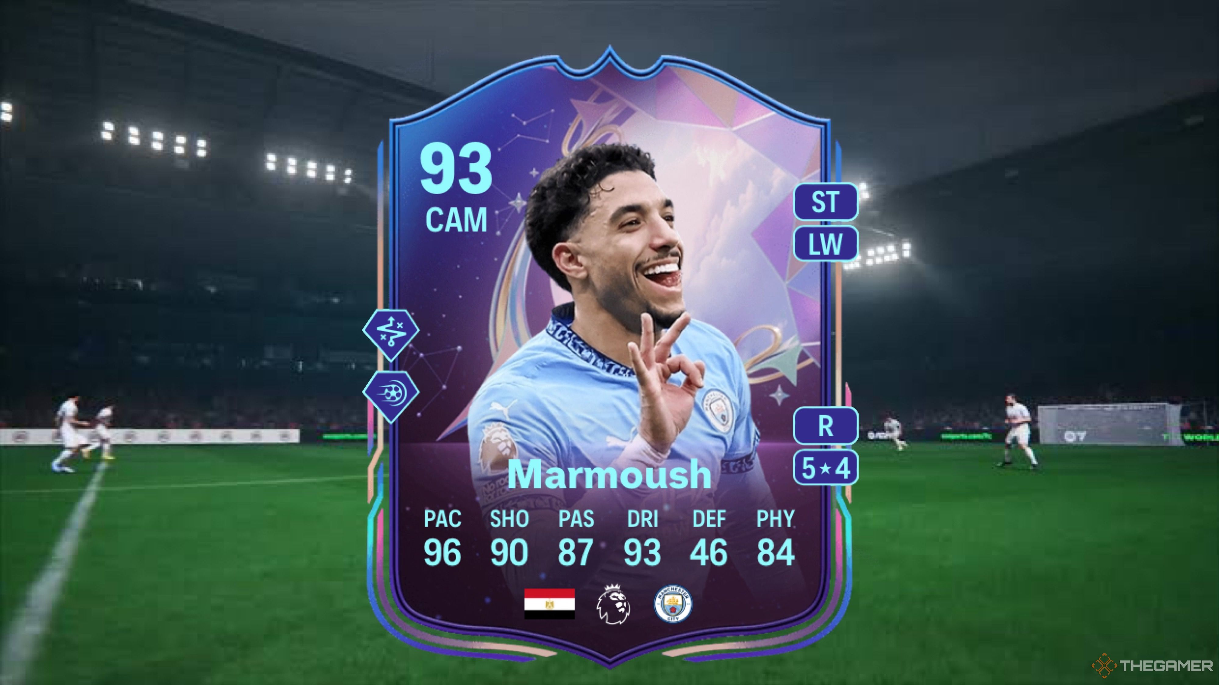 Image showing Marmoush card against a faded pitch background.