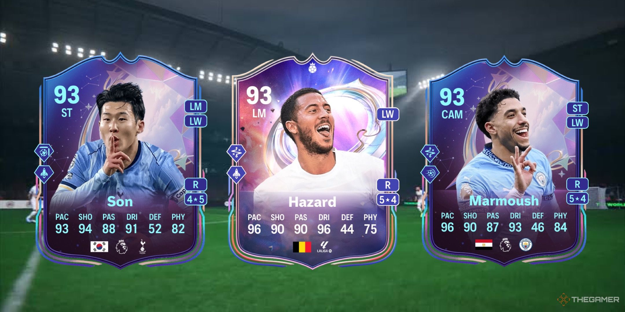 Image showing Son, Hazard, and Marmoush card afainst a faded pitch background.