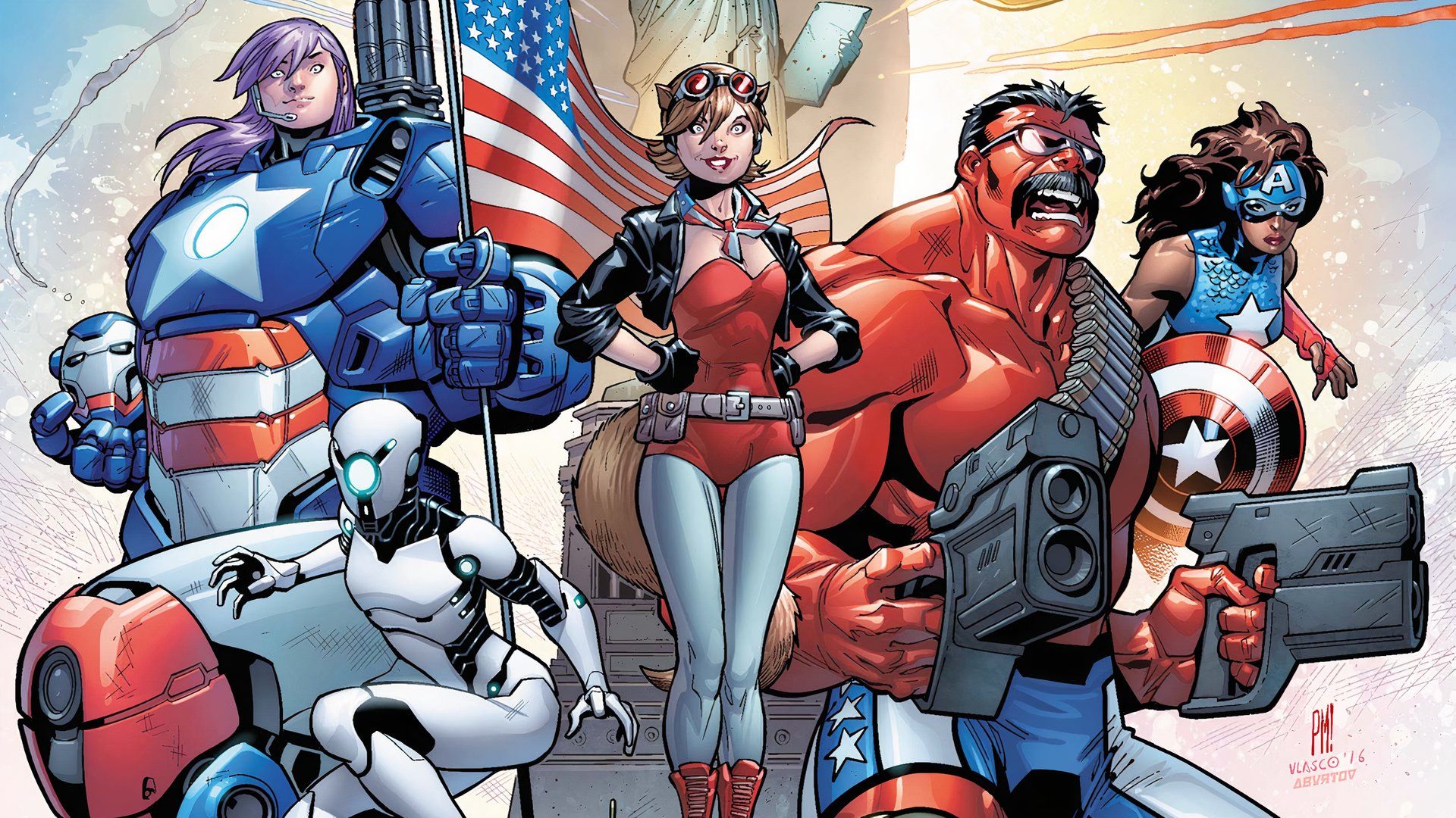 Cover for issue #1 of U.S.Avengers featuring Squirrel Girl, Red Hulk, and America Chavez.
