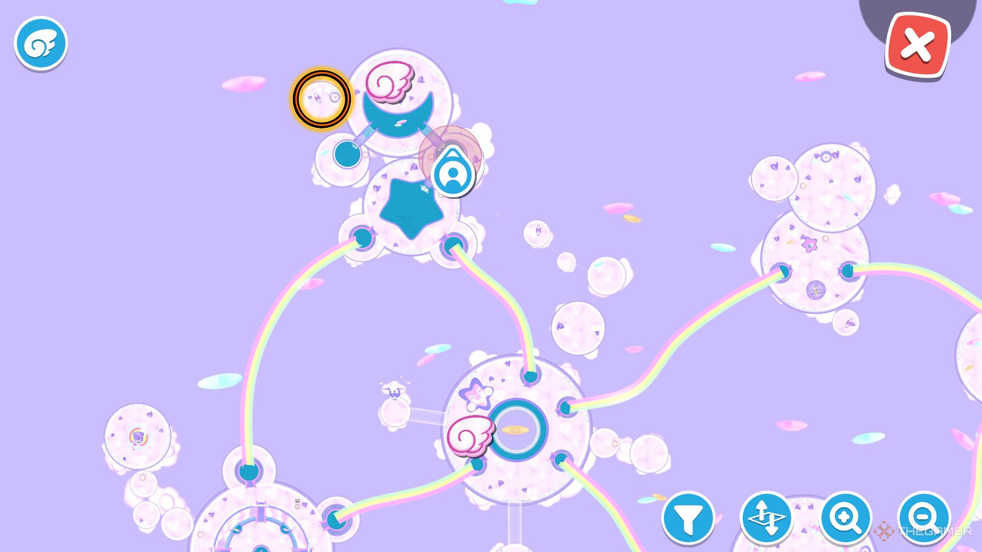 An orange circle shows the location of the Nimble Nebula puzzle room in Hello Kitty Island Adventure