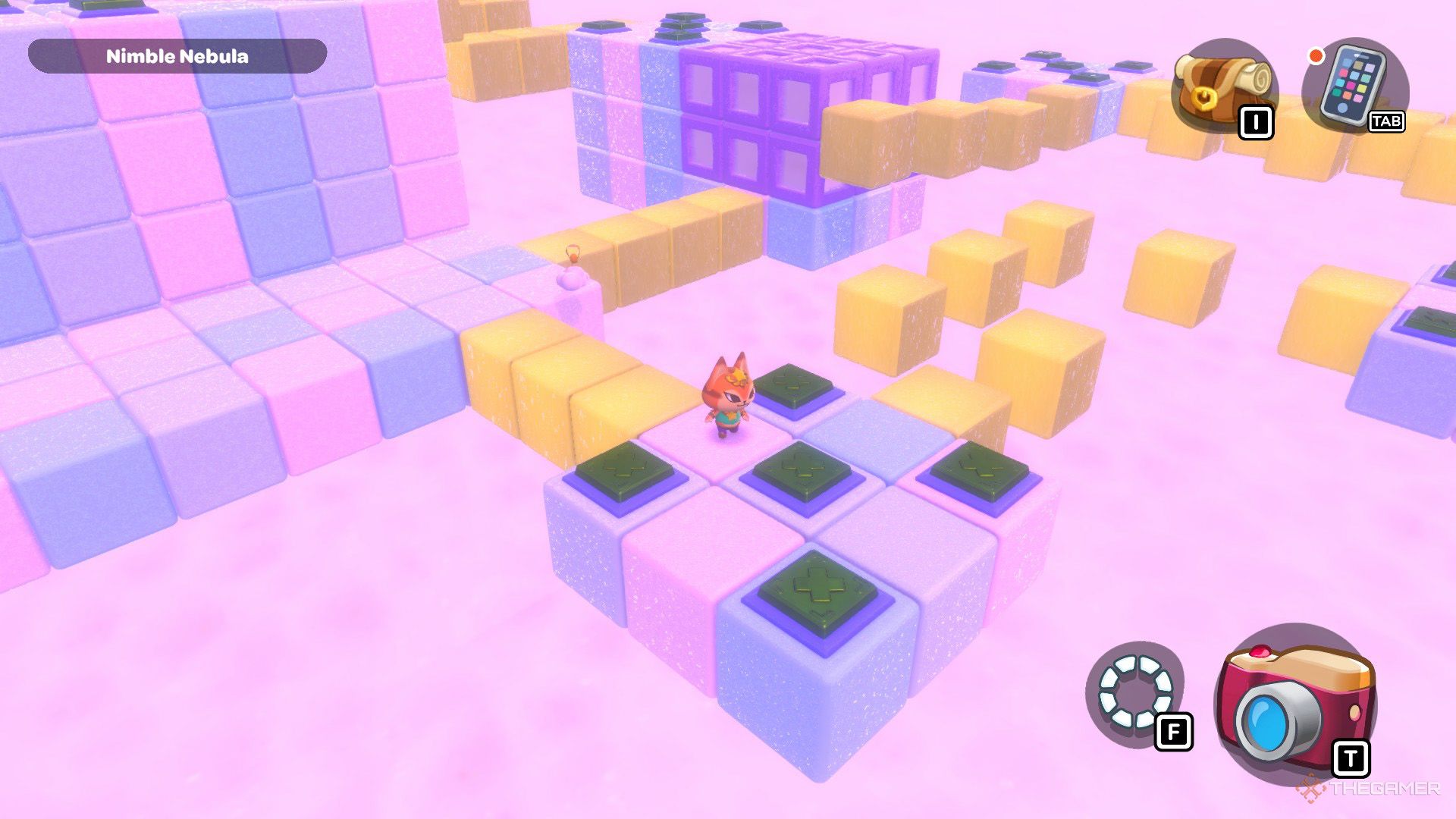 The player is standing next to five buttons in Nimble Nebula puzzle room in Hello Kitty Island Adventure