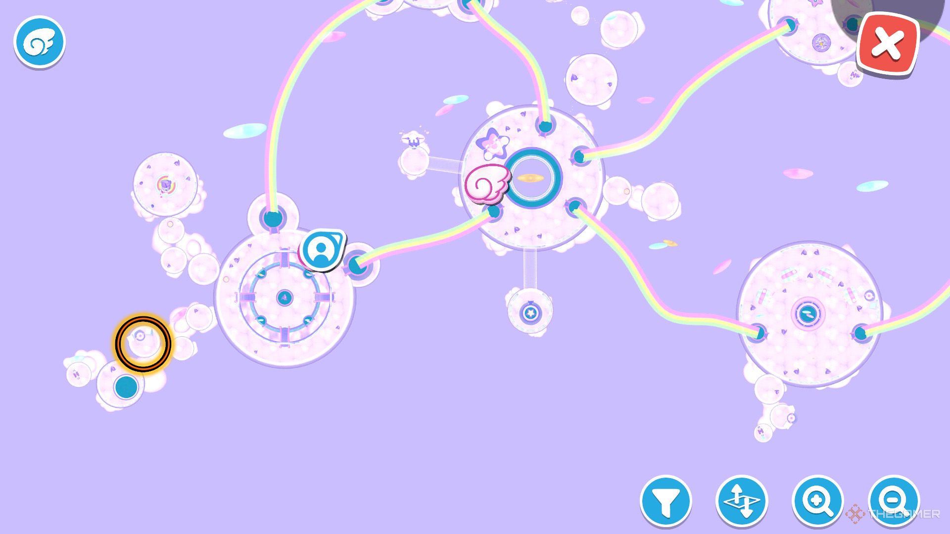 An orange circle shows the location of the Nimbus Navigation puzzle room in Hello Kitty Island Adventure