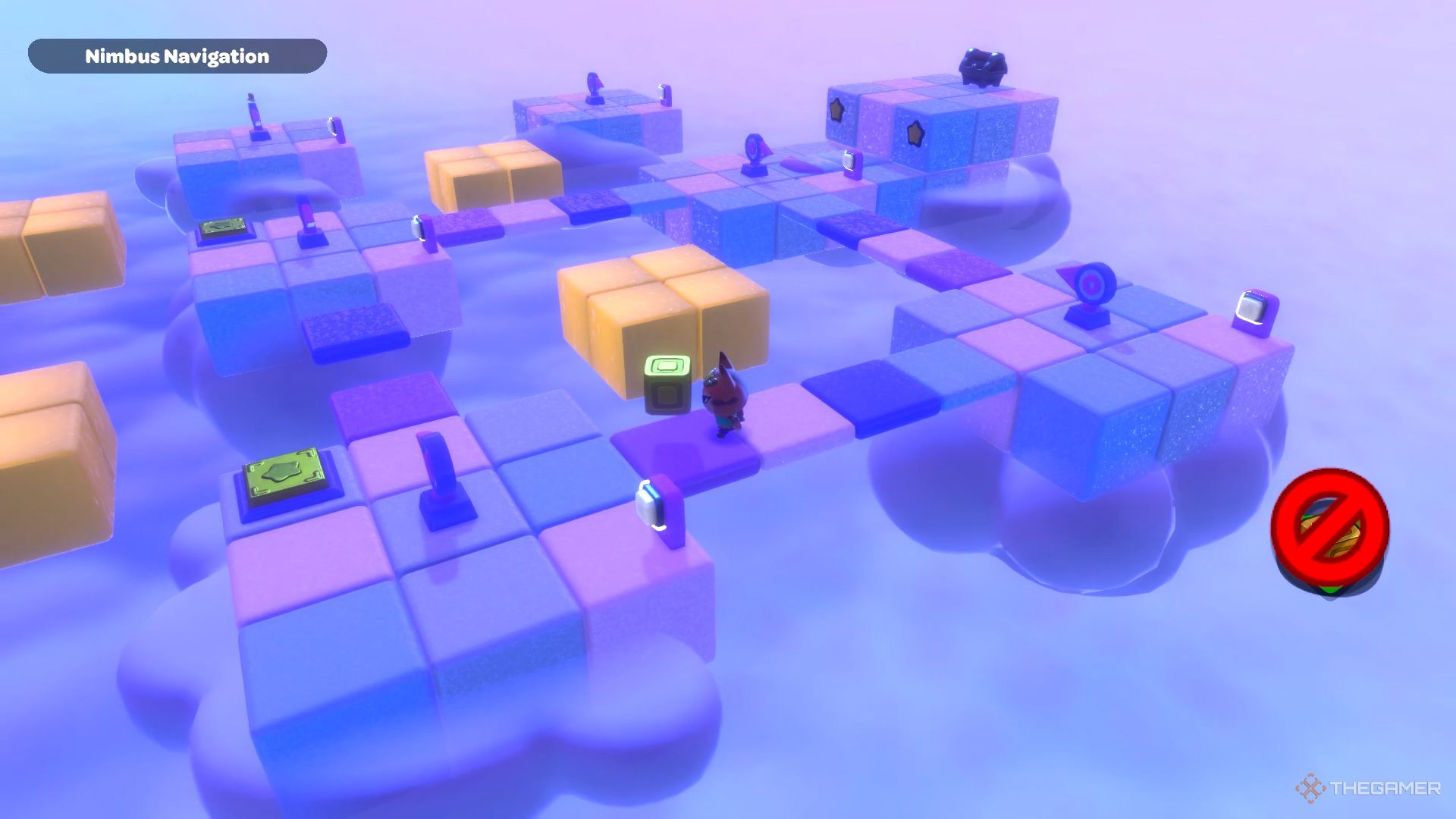 The player places the second yellow cube in Nimbus Navigation puzzle room in Hello Kitty Island Adventure.