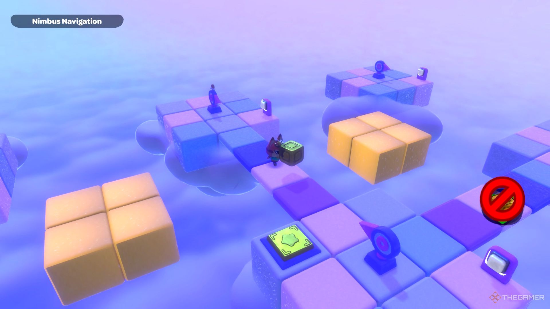 The player places the third yellow cube in Nimbus Navigation puzzle room in Hello Kitty Island Adventure.