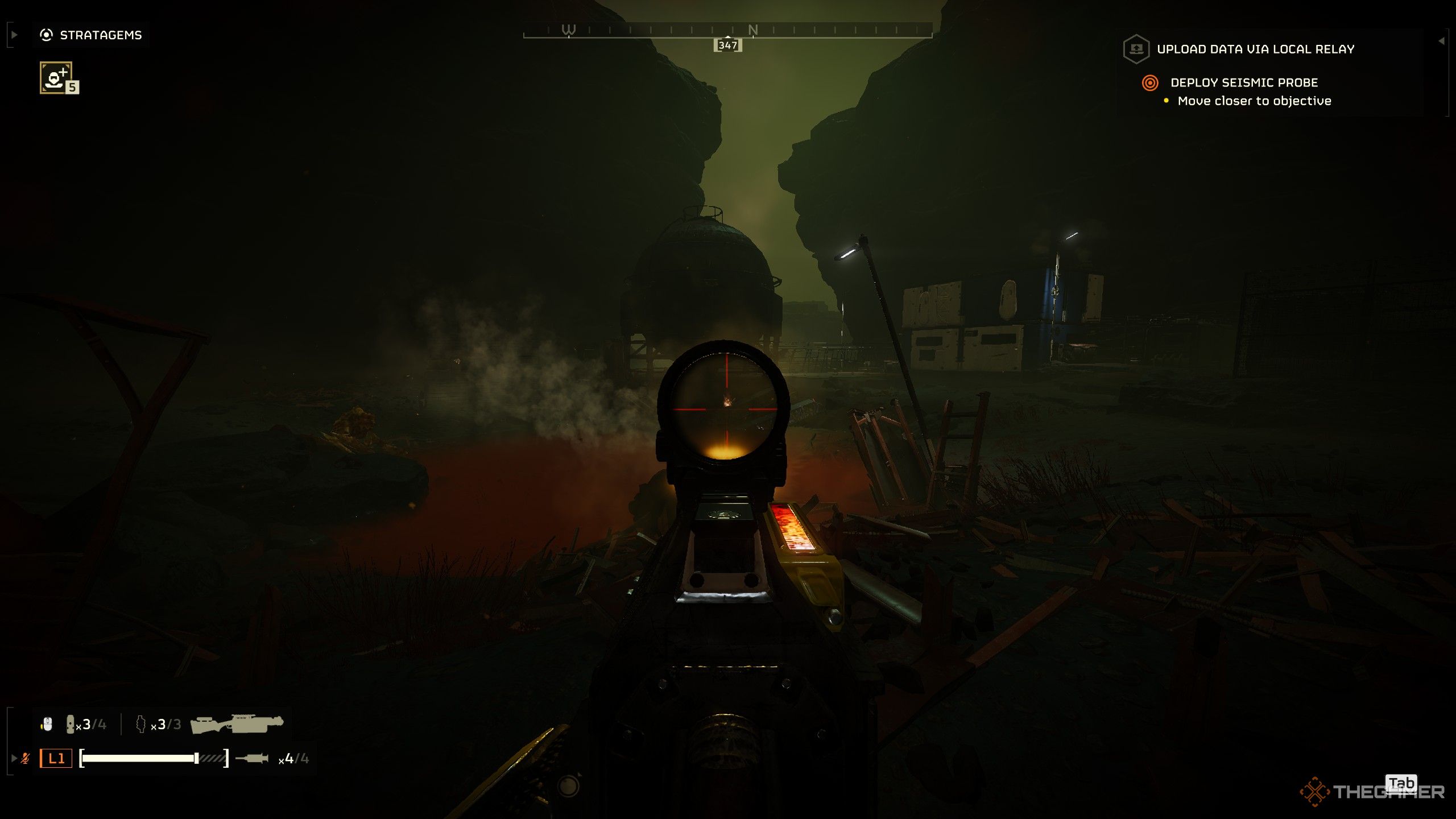 The iron sight for the LAS-17 Double-Edge Sickle displaying the heat generated on its side in Helldivers 2. 