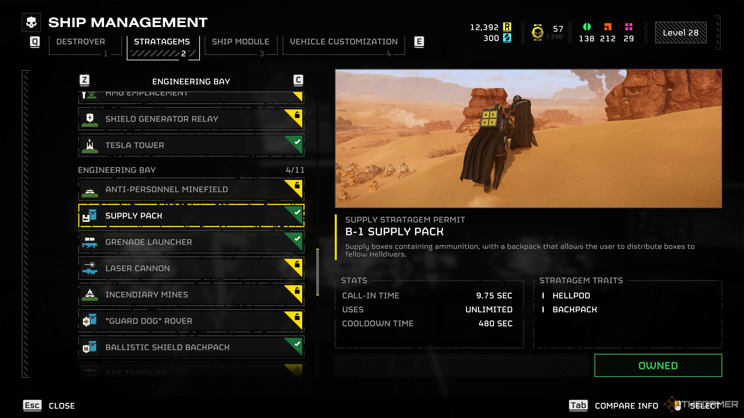 The B-1 Supply Pack in the Stratagems menu in Helldivers 2.