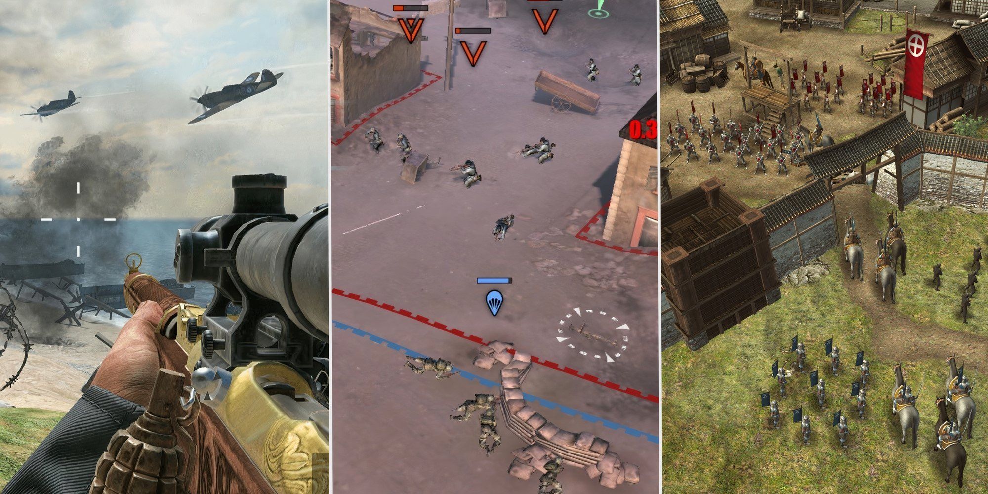 A split image showing World War Heroes, Company Of Heroes and Shogun's Empire Hex Commander