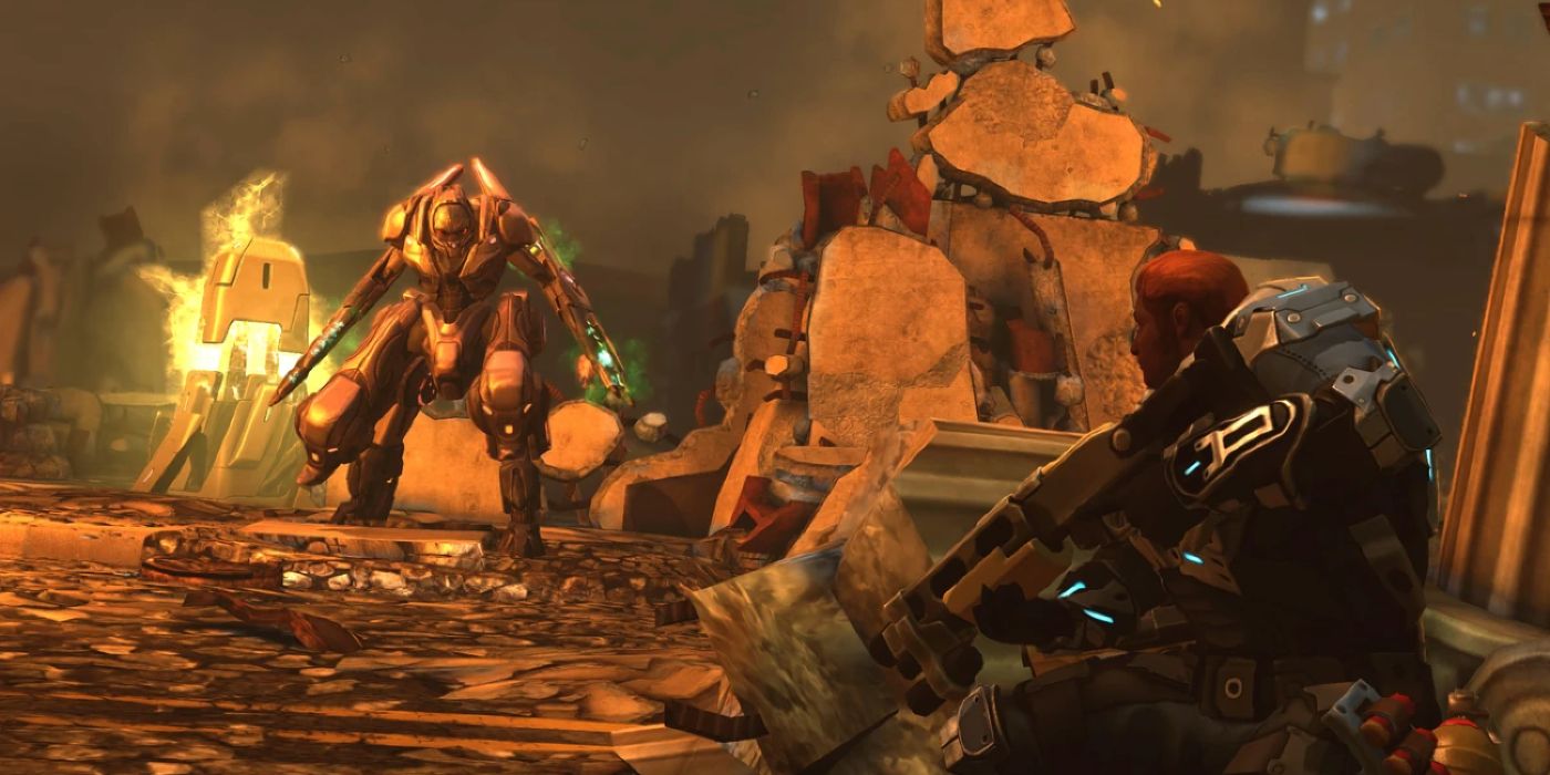 A screenshot of XCOM: Enemy Unknown, in which a soldier hides behind a rock from an alien.