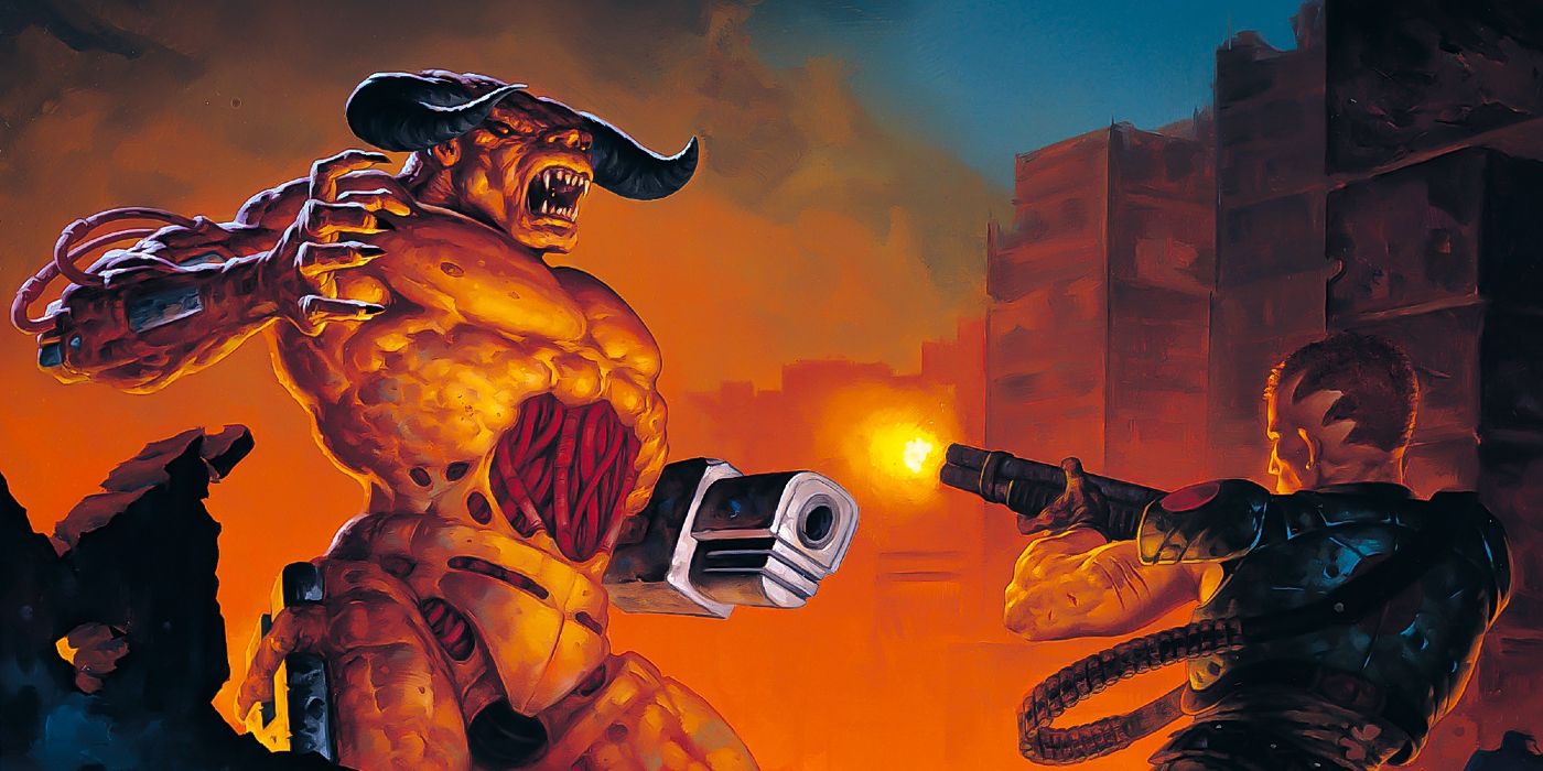 The cover art for Doom 2, in which the protagonist fires a gun at a giant red demon.