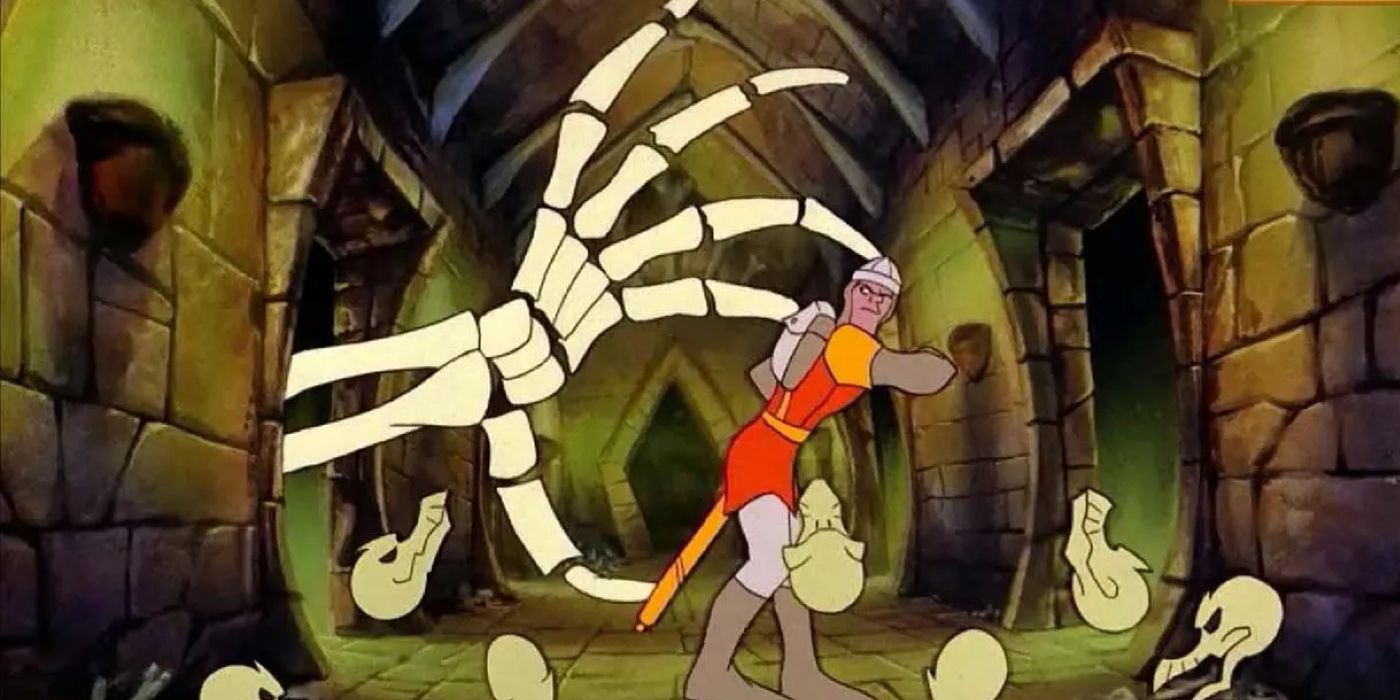 A screenshot from Dragon's Lair, in which a giant skeleton hand reaches for a knight.