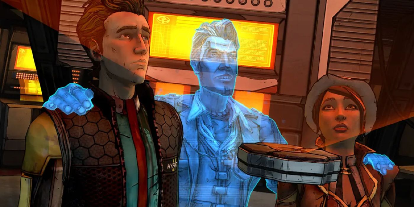 Rhys, Fiona, and Handsome Jack standing side-by-side in Tales from the Borderlands.