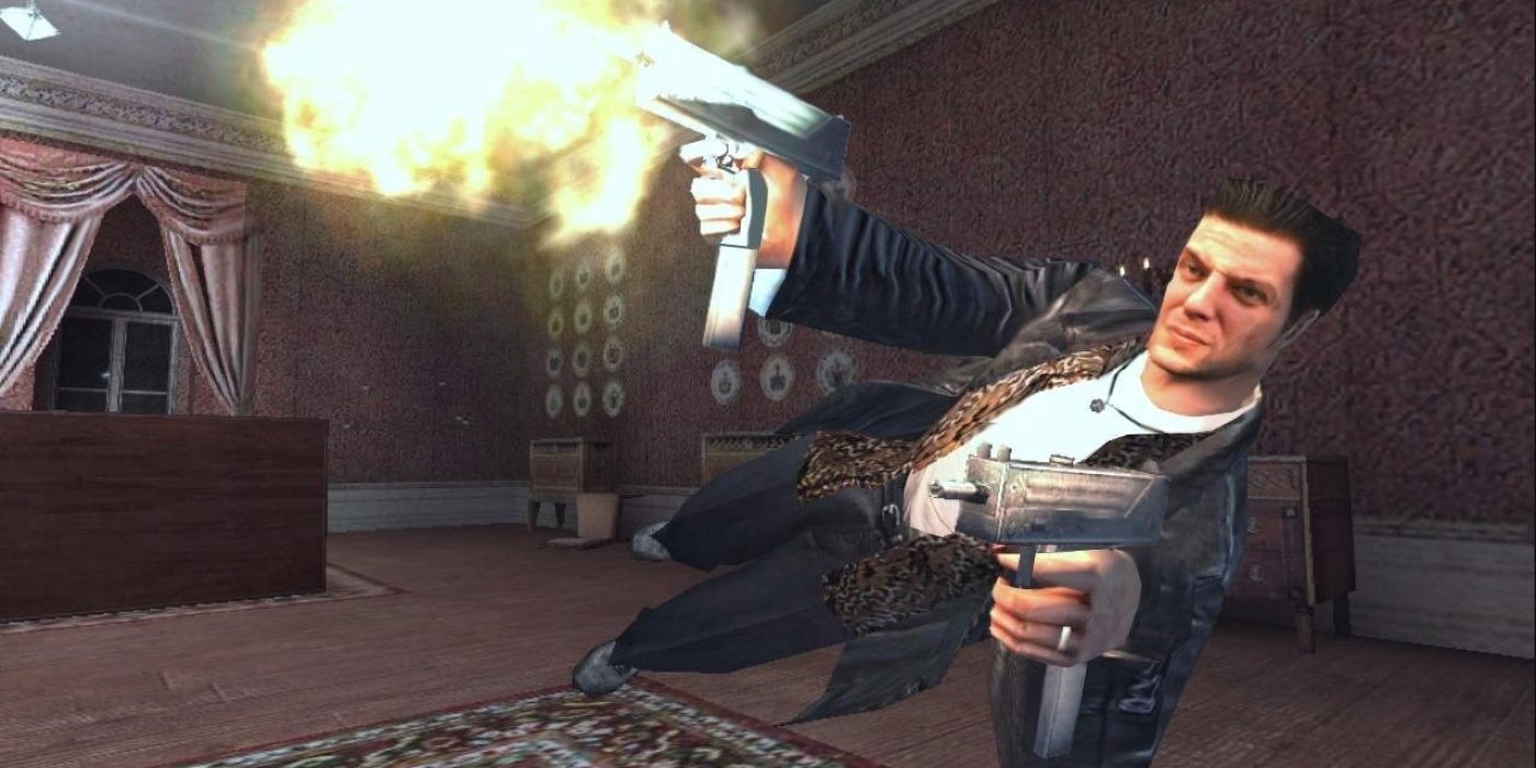 Max Payne leaping through the air while firing two guns.