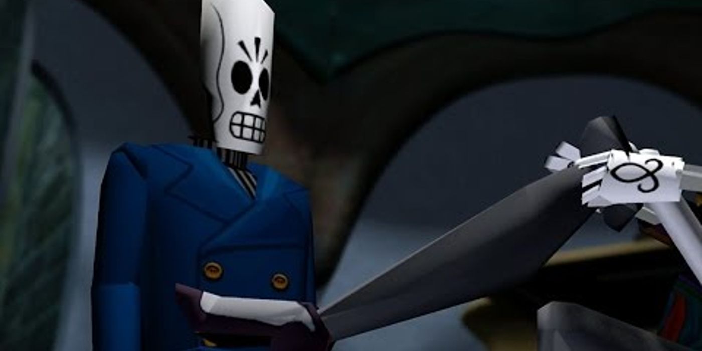 A close-up of Manuel "Manny" Calavera from Grim Fandango.