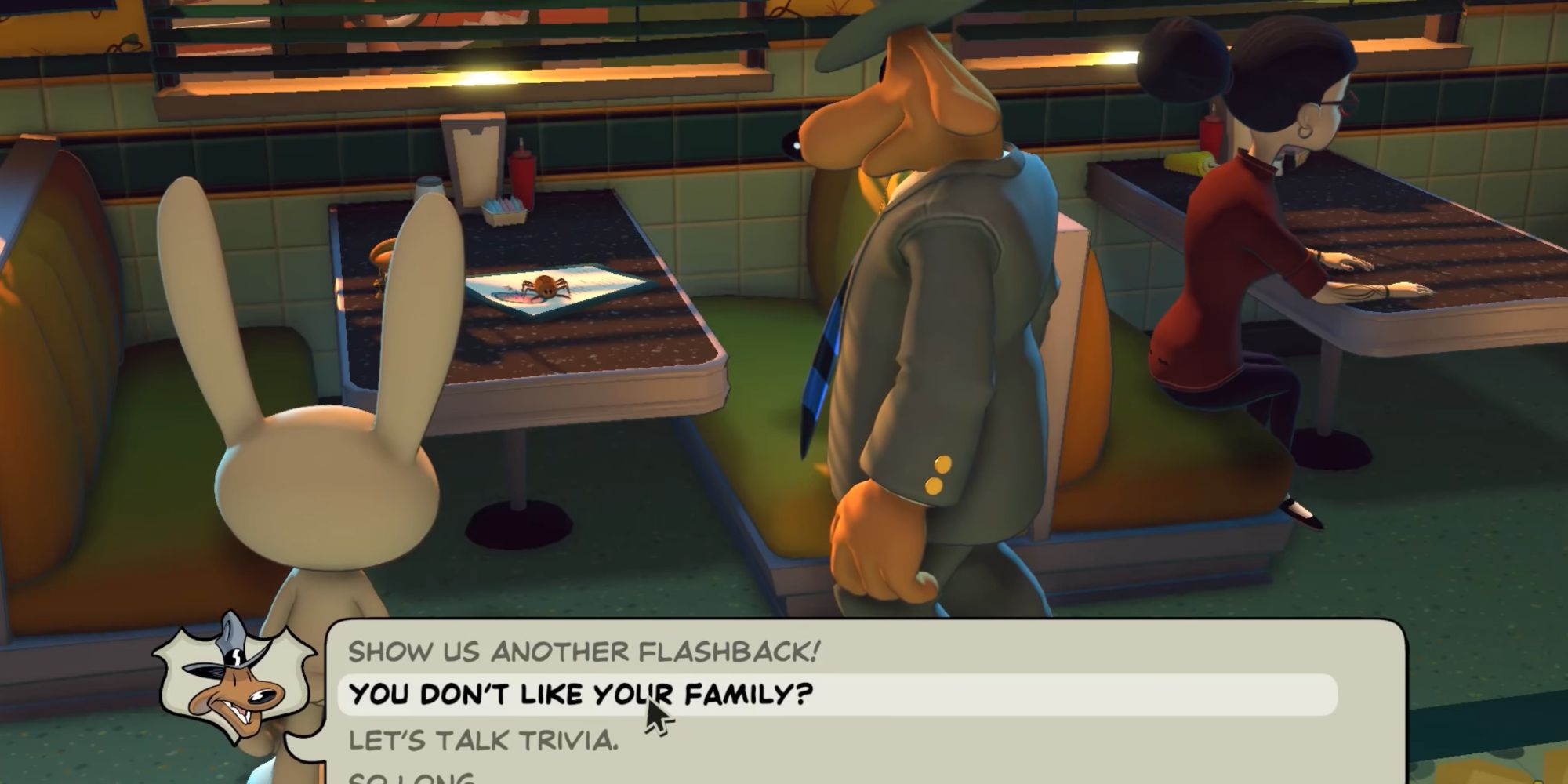 The titular Sam and Max interviewing a cockroach at a booth table in a diner setting.