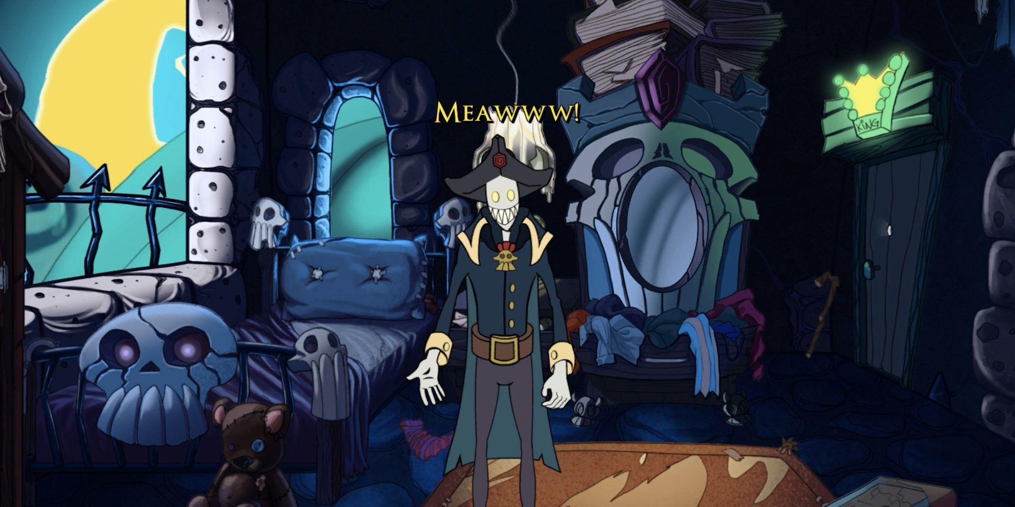darkestville castle game with a creepy character going "Meawww!"