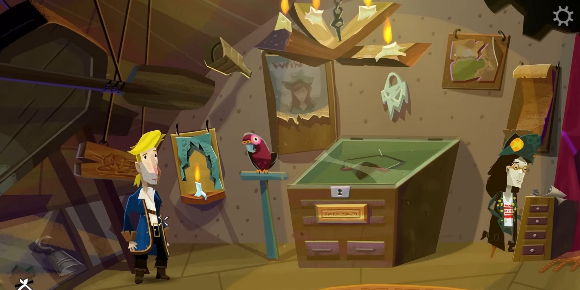 Guybrush Threepwood, The Eye Patch, the Parrot, and the Curator in Return to Monkey Island.