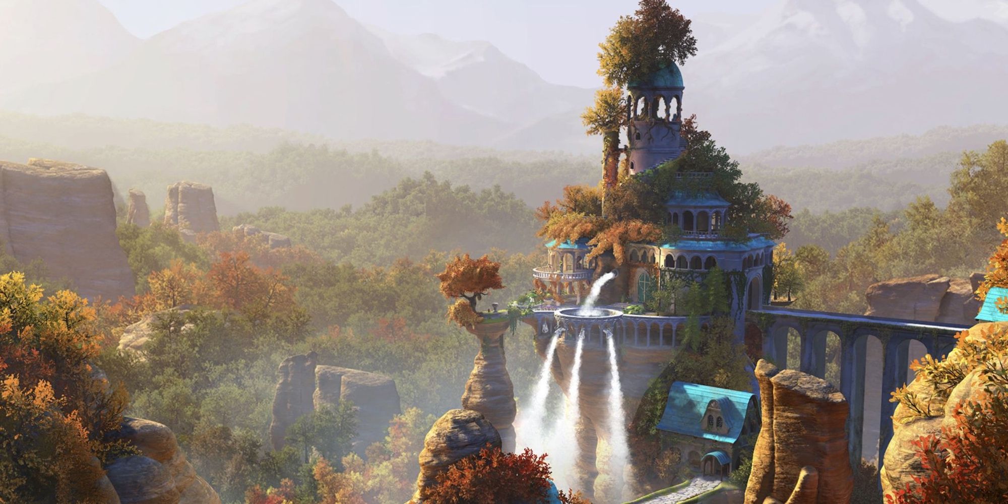 the book of unwritten tales 2 castle - a pretty waterfall fountain structure surrounded by trees.