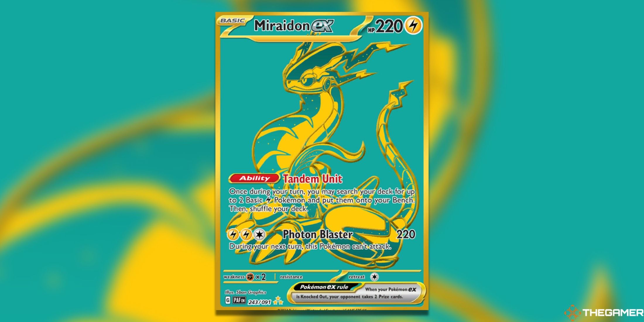 The Paldean Fates Miraidon ex Hyper Rare from the Pokemon TCG.