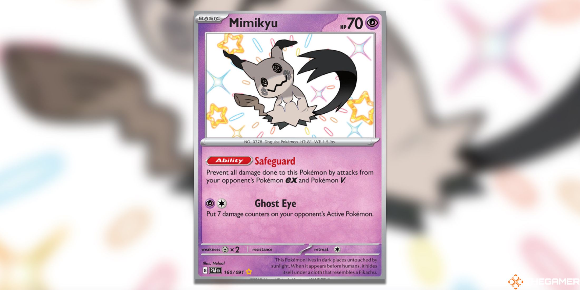 The Paldean Fates Mimikyu Shiny Holo from the Pokemon TCG.