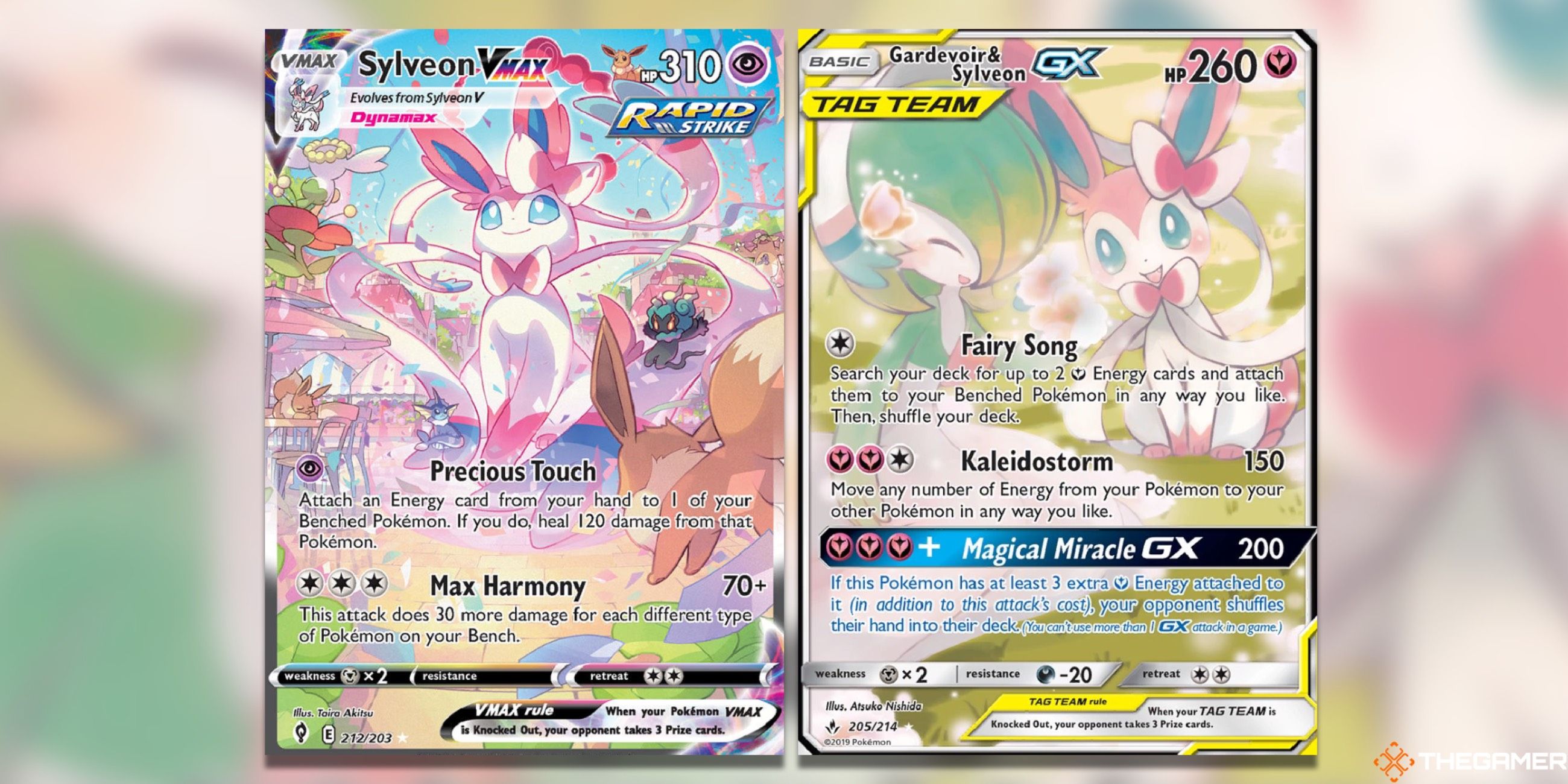 The Evolving Skies Sylveon VMAX and the Gardevoir & Sylveon GX Alt Art from Unbroken Bonds in the Pokemon TCG.