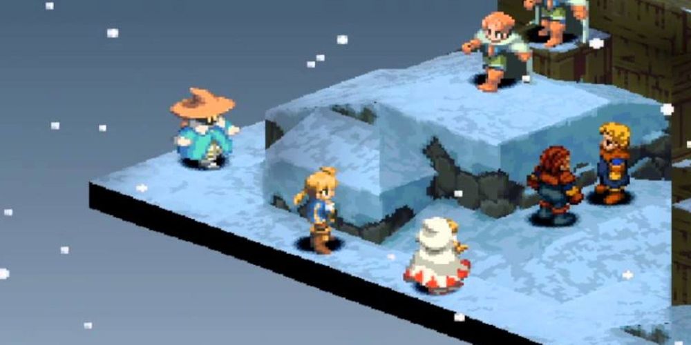 Multiple characters battle across snowy terrain in Final Fantasy Tactics.