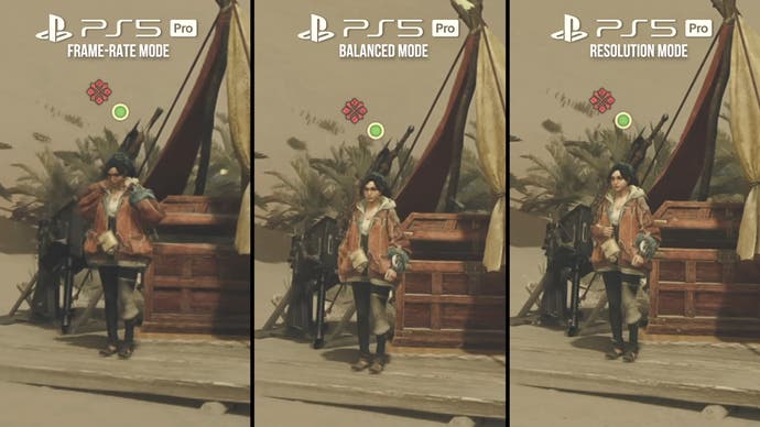 PS5 Pro modes on Monster Hunter Wilds compared: frame-rate vs balanced vs resolution, person shot.