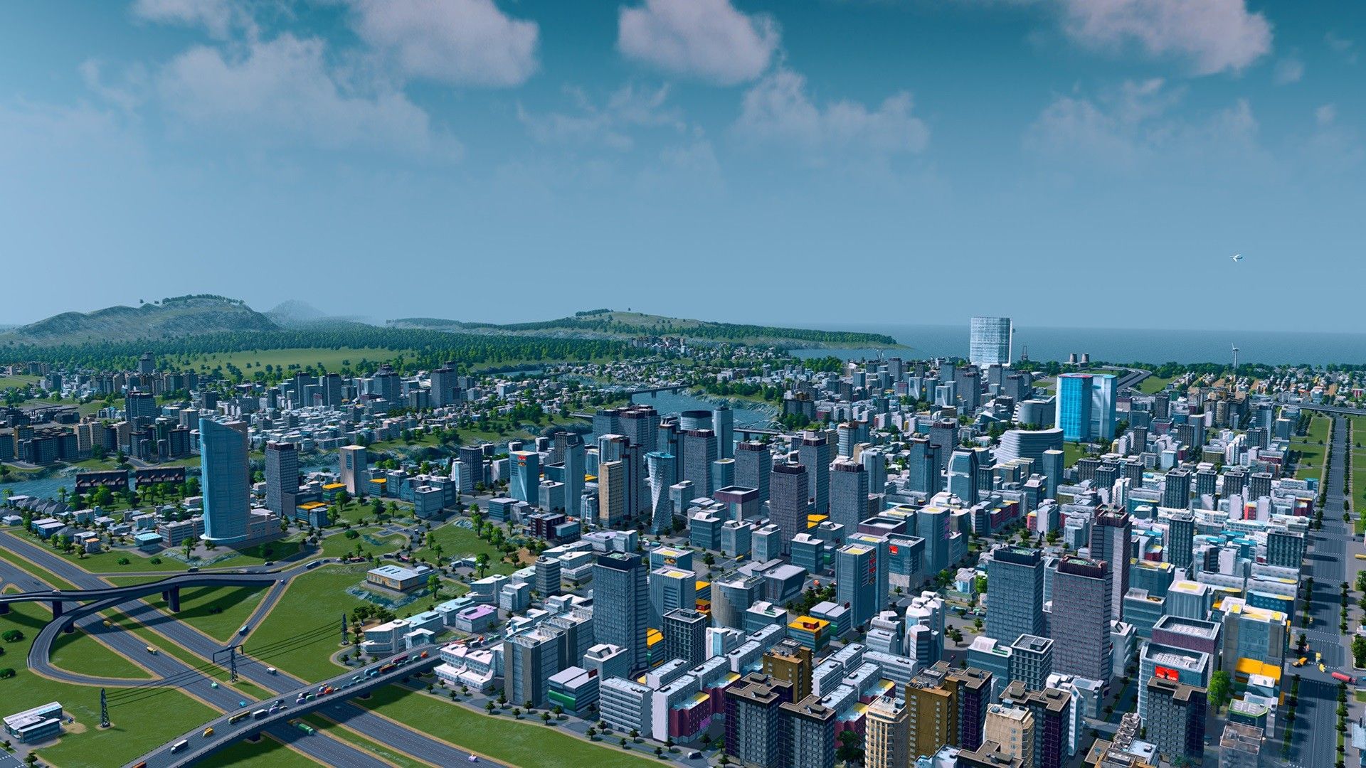 The skyline of city in Cities: Skylines. 