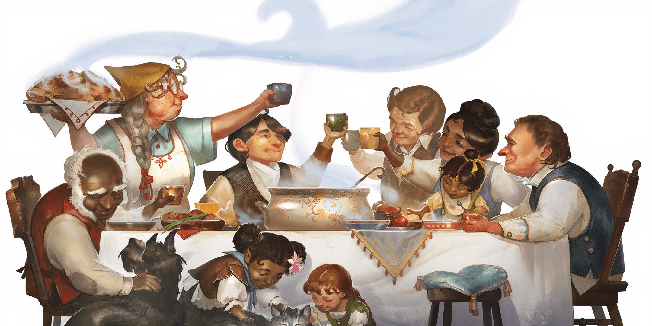 A group of halflings gathered around a table eating a meal in Dungeons & Dragons. 