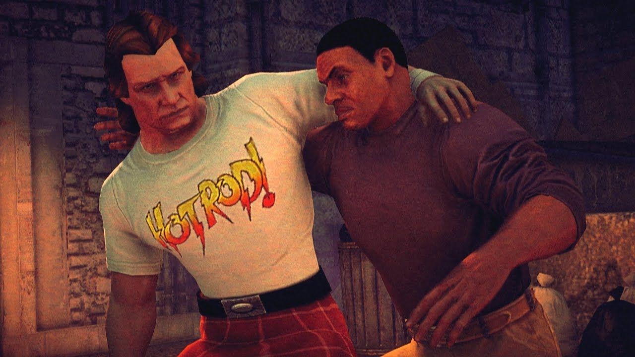 An image of Keith David and Roddy Piper fighting, seen in Saints Row 4.