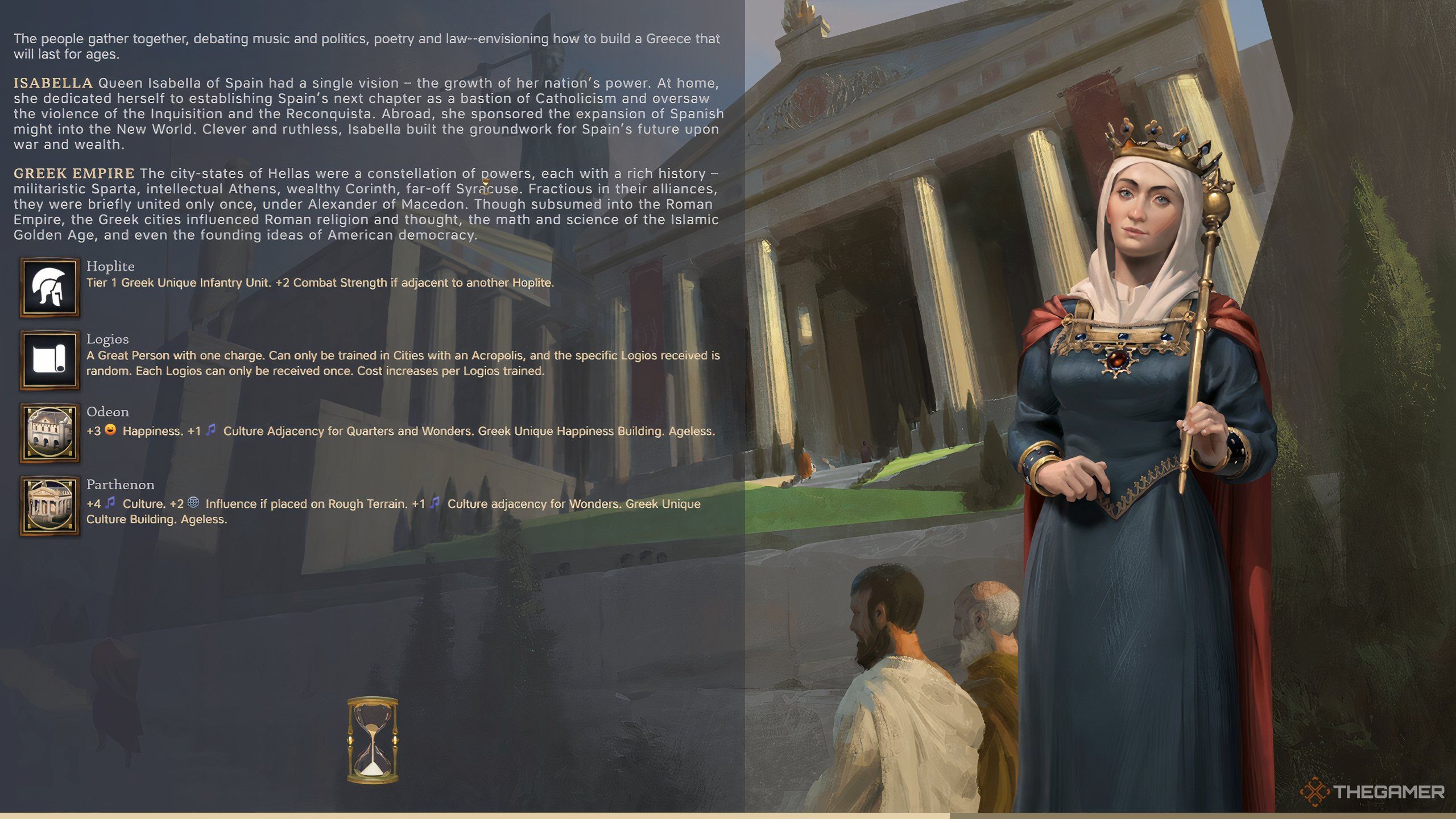 Queen Isabella's Starting Screen in Civilization 7. 