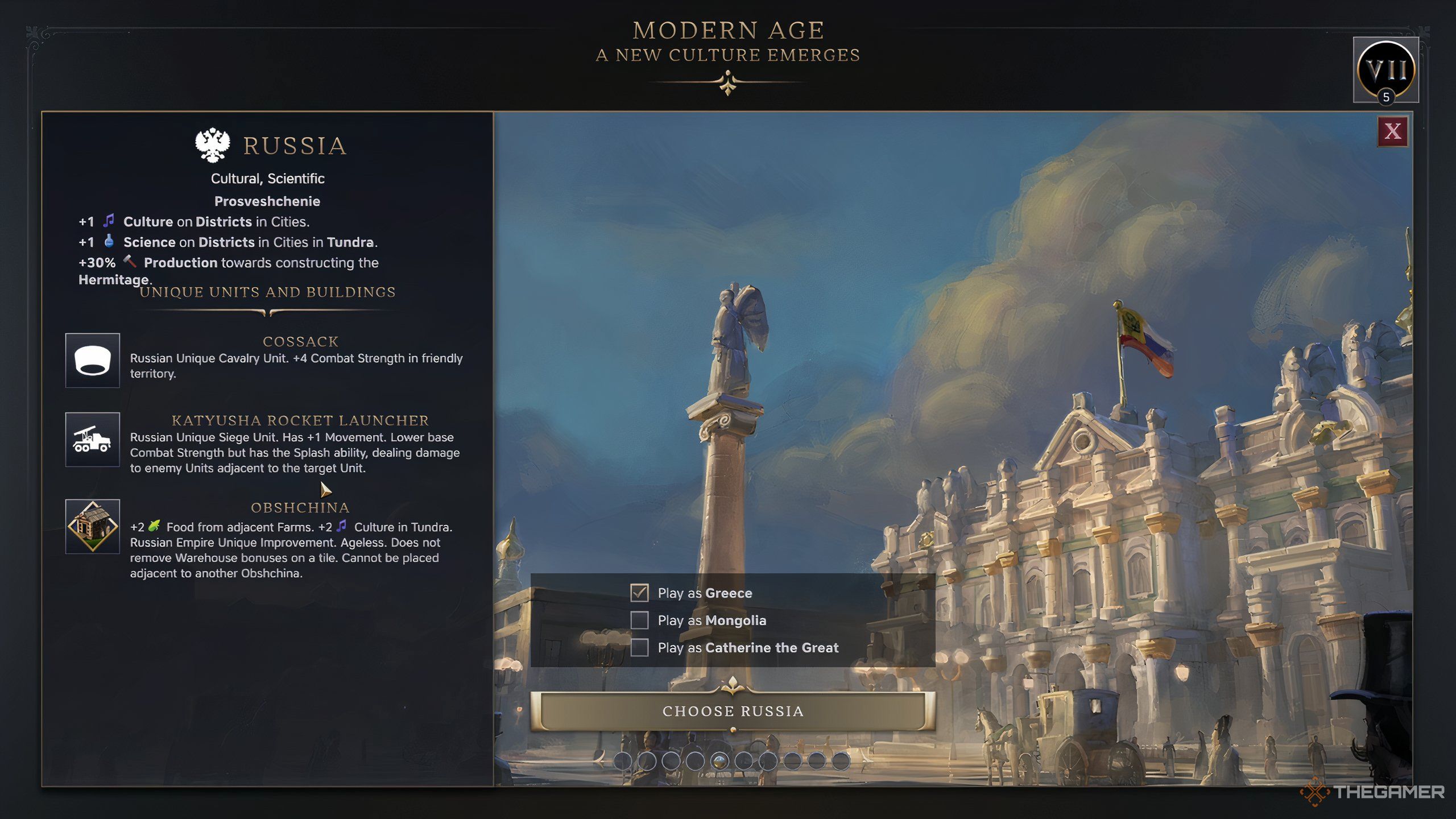 The Civ 7 Modern age selection screen, in which players pick a new civ to play as.