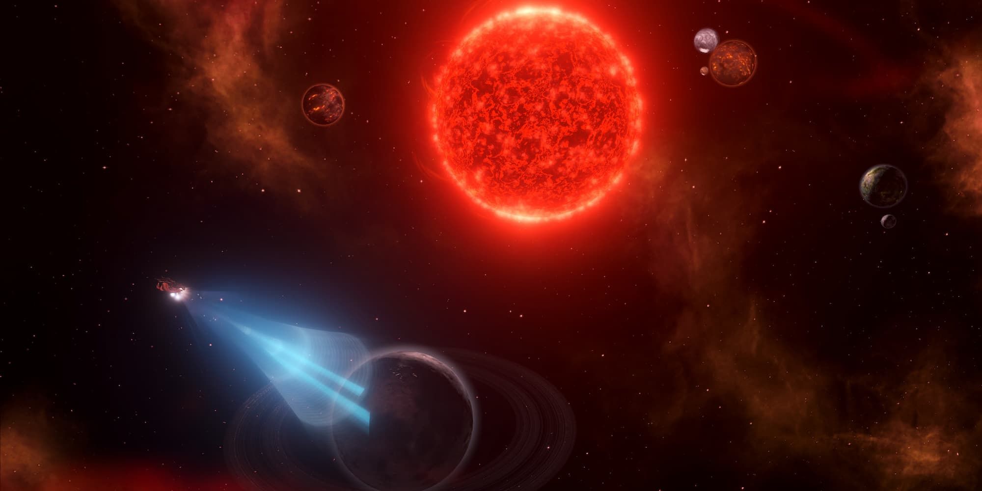 A ship scans a planet near a blazing red sun in Stellaris.