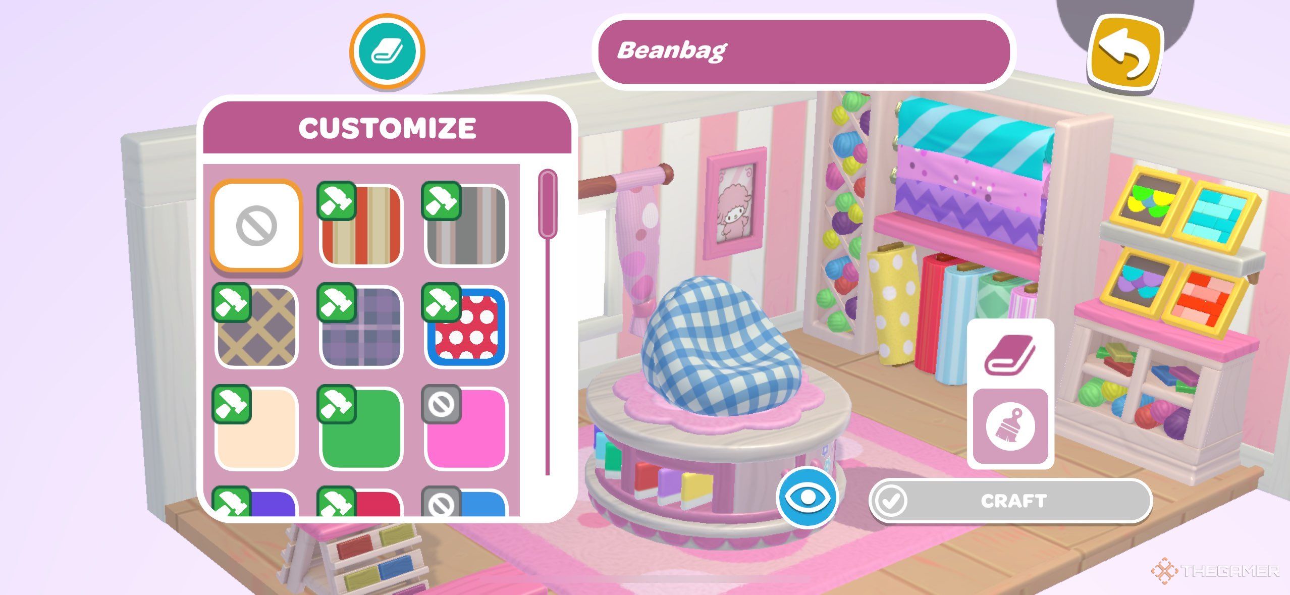 A player customizing a beanbag in Hello Kitty Island Adventure.