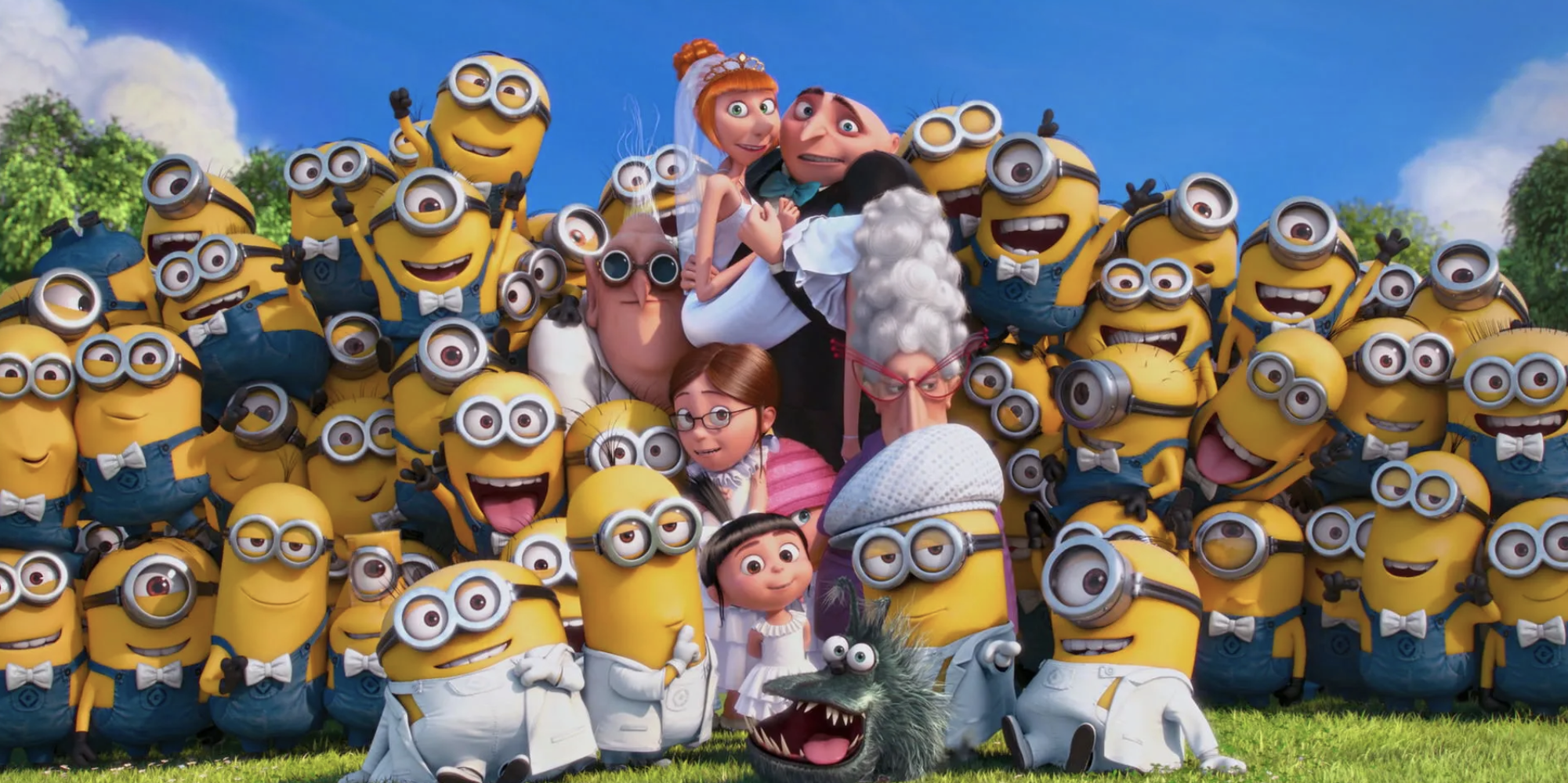 Screencap from "Despicable Me 2" of characters posing for wedding photo