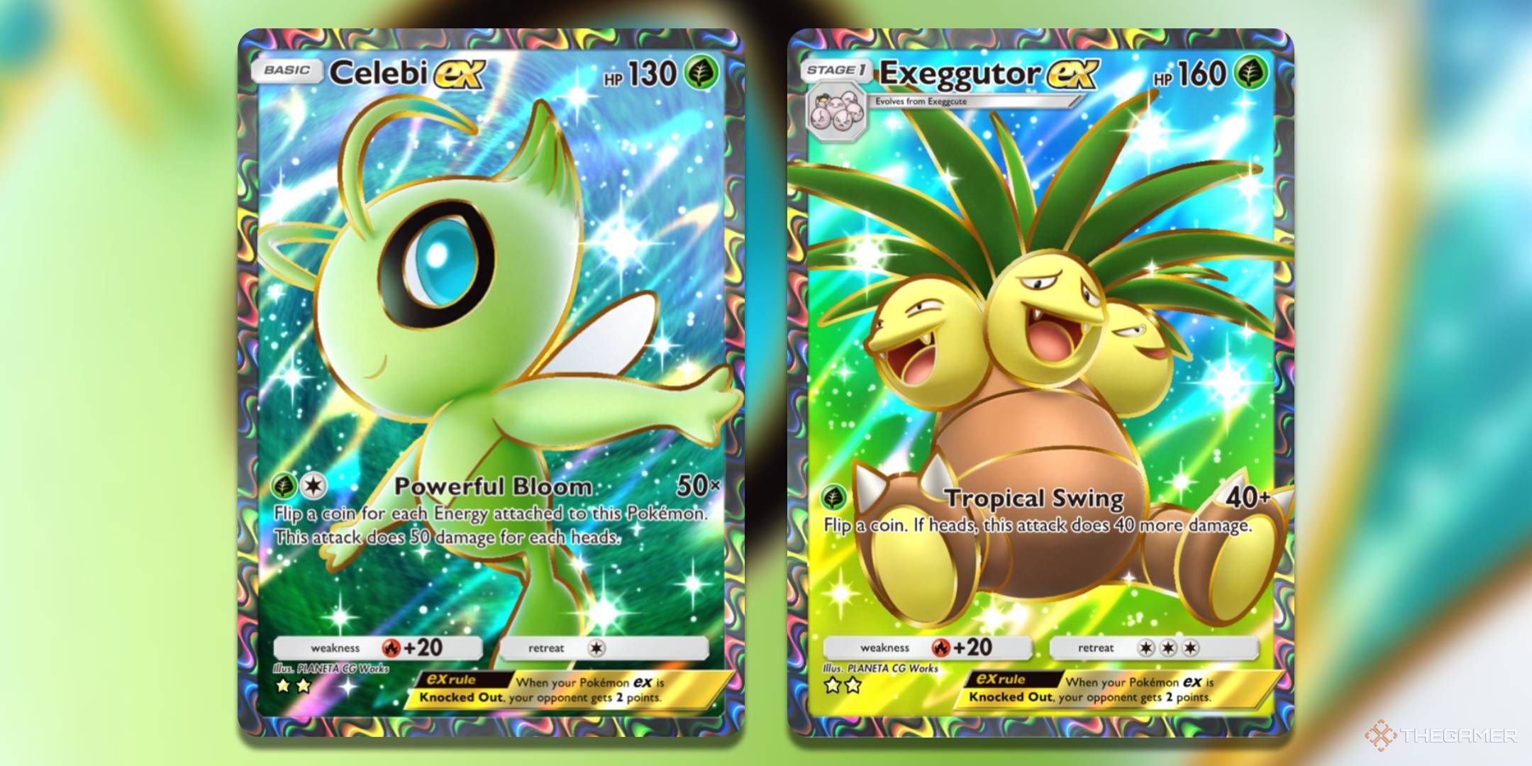 The Celebi ex card from Mythical Island and Exeggutor ex card from Genetic Apex.