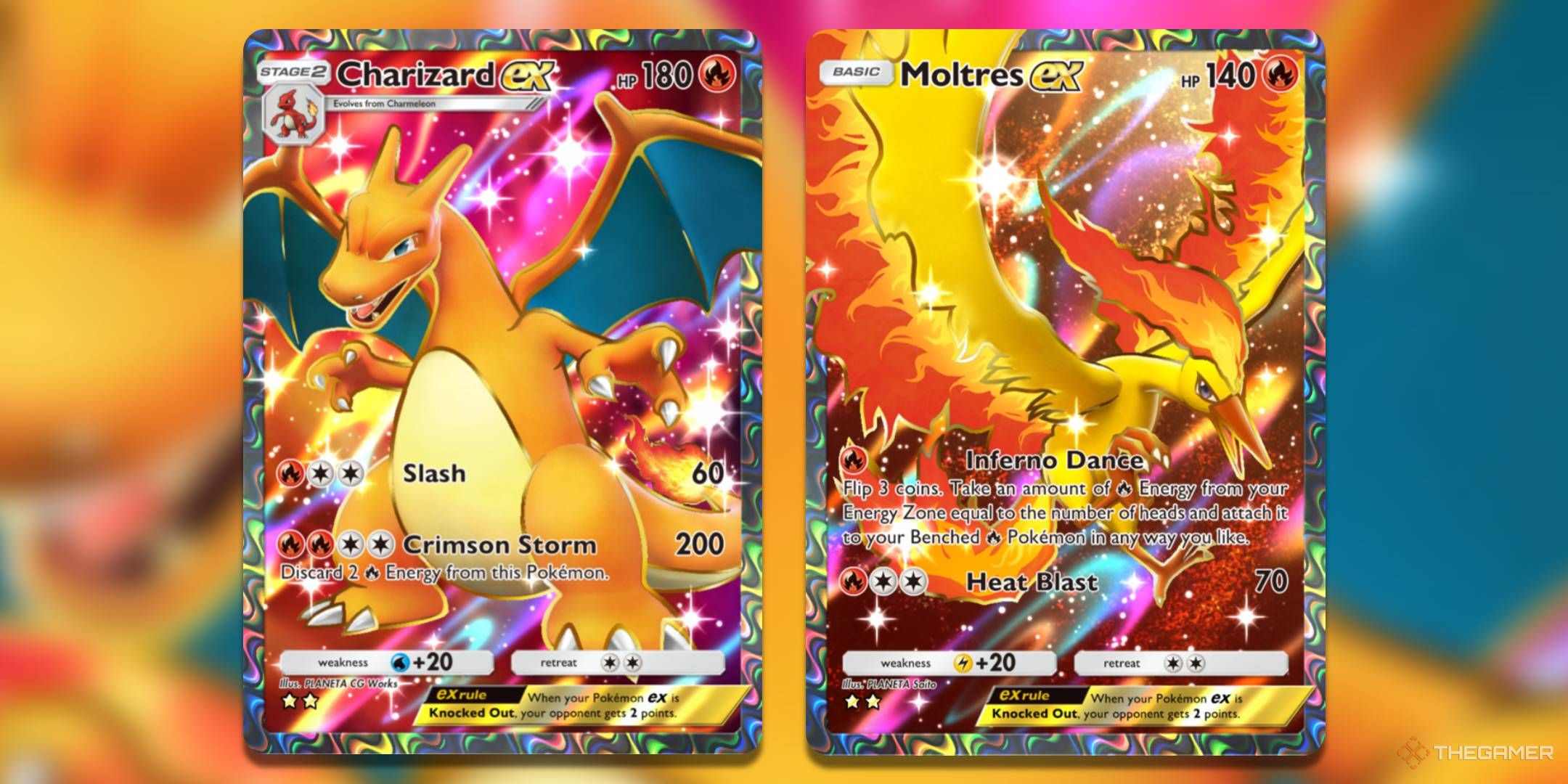 The Super Rare prints of Charizard ex and Moltres ex, from Genetic Apex.