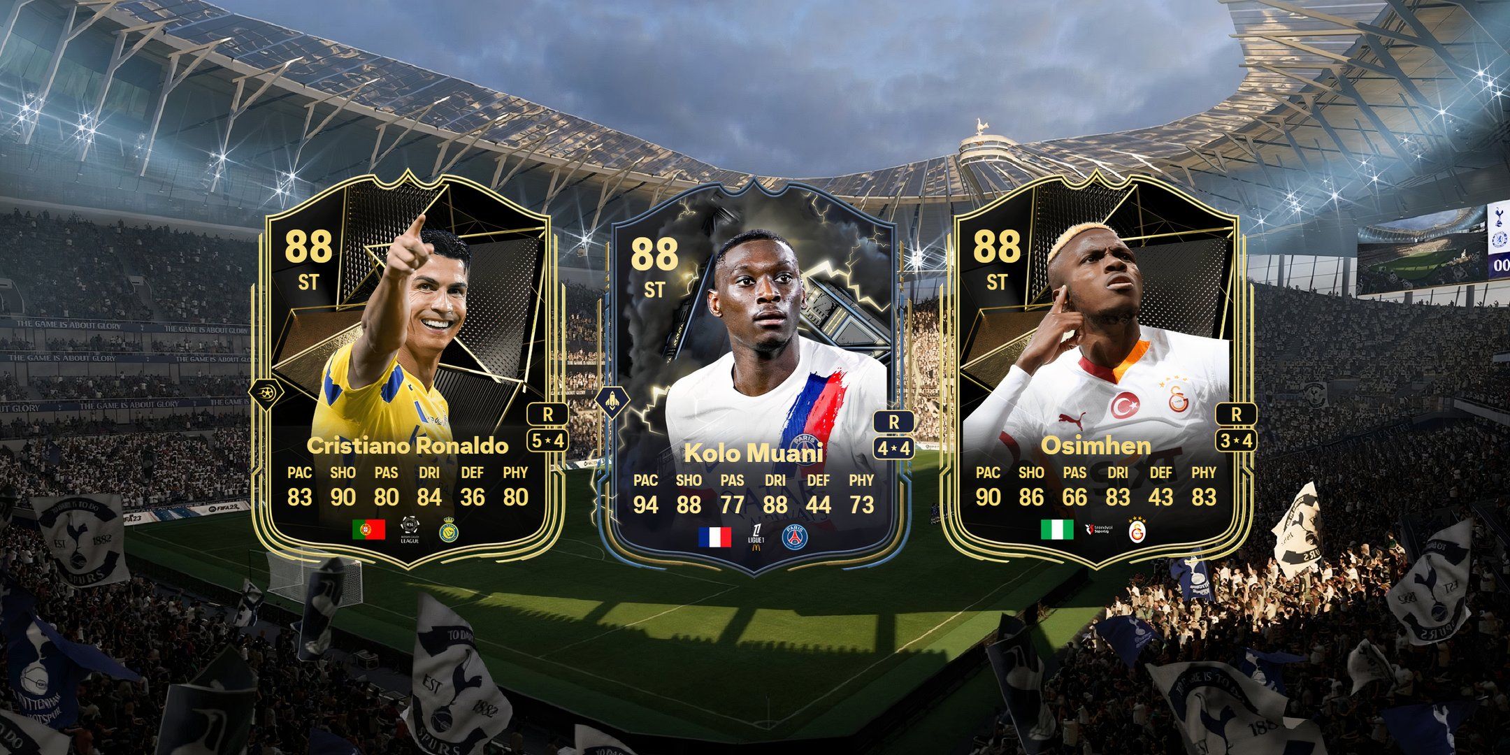 Cristiano Ronaldo's, Kolo Muani's, and Osimhen's cards in EA Sports FC 25.