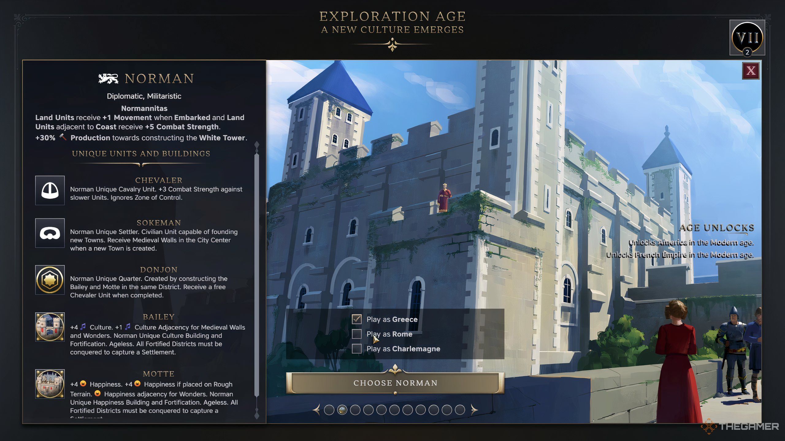 The new age selection screen for the Normans in Civilization 7. 