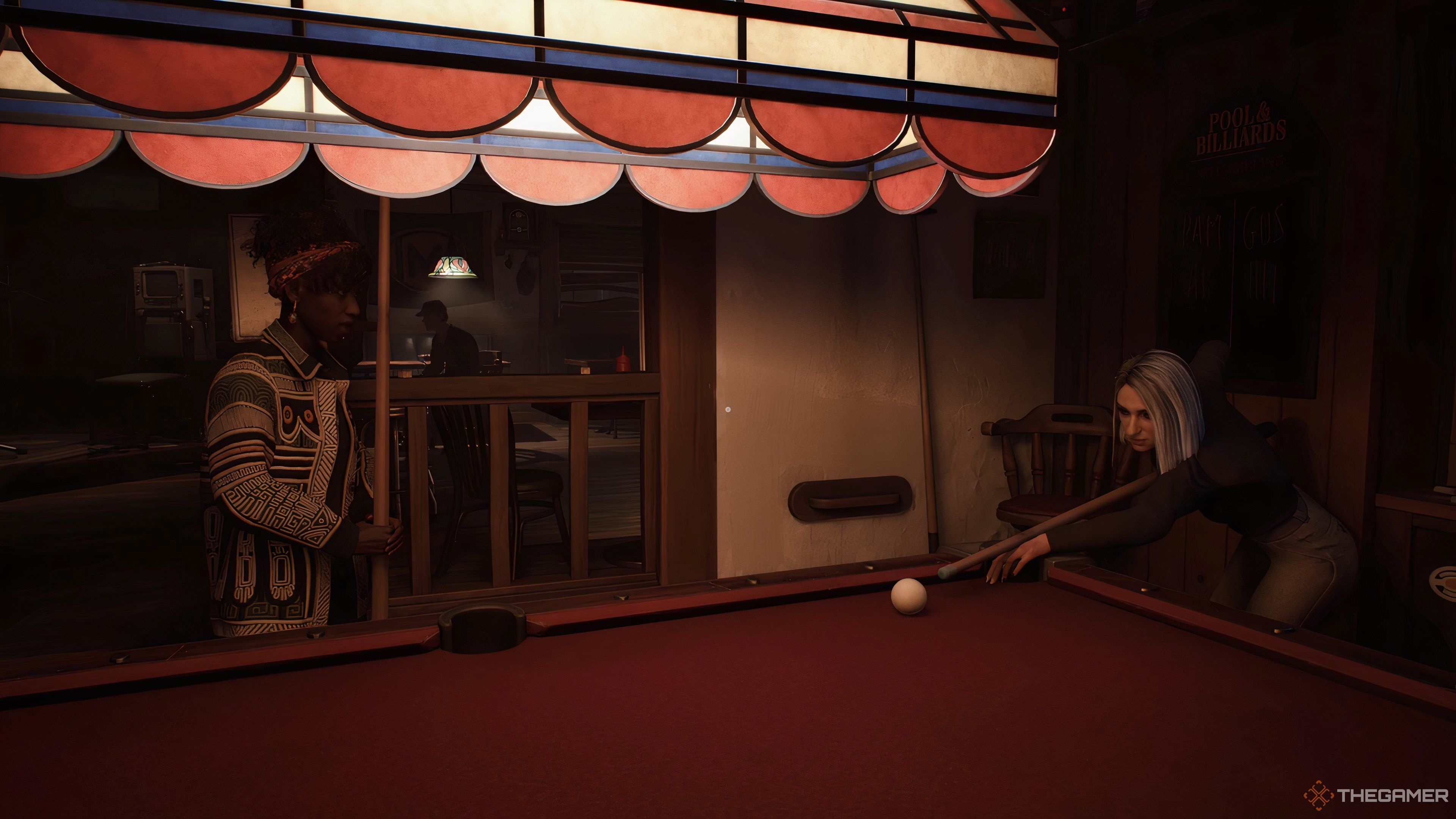 Nora lining up a shot at pool in Lost Records: Bloom & Rage.