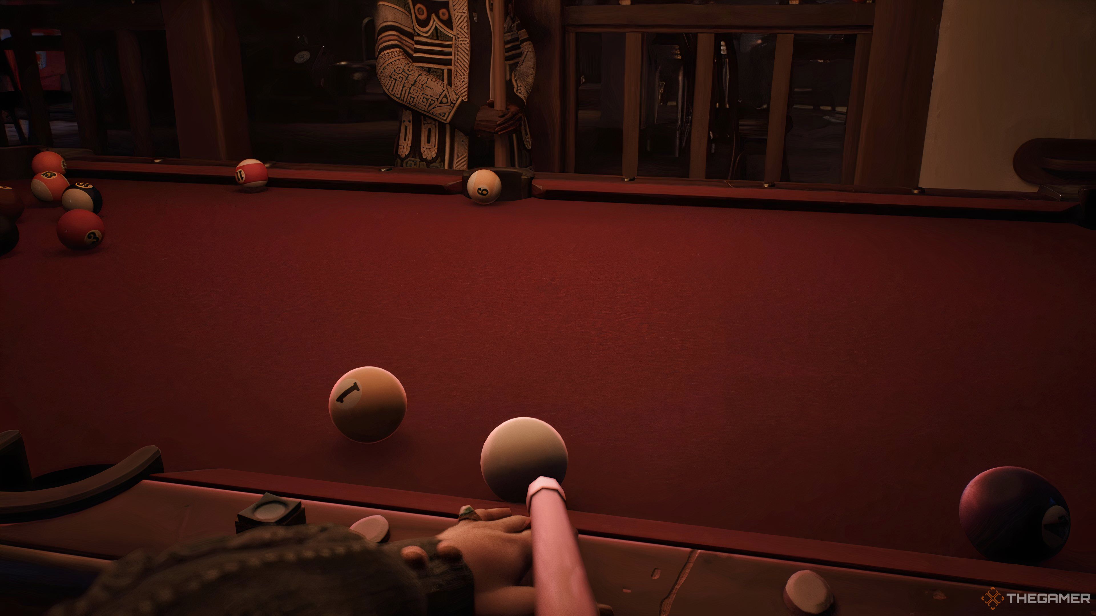 Swann lining up the cue ball on the pool table in Lost Records: Bloom & Rage.