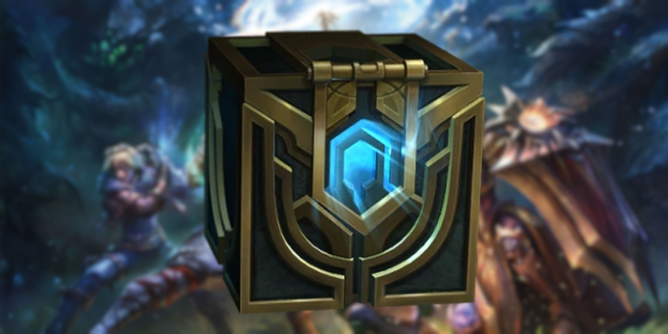 An image of a Hextech Chest against a blurred key visual for League of Legends