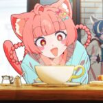 Kemono Teatimee cat girl smiling at tea and cookies