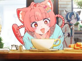 Kemono Teatimee cat girl smiling at tea and cookies